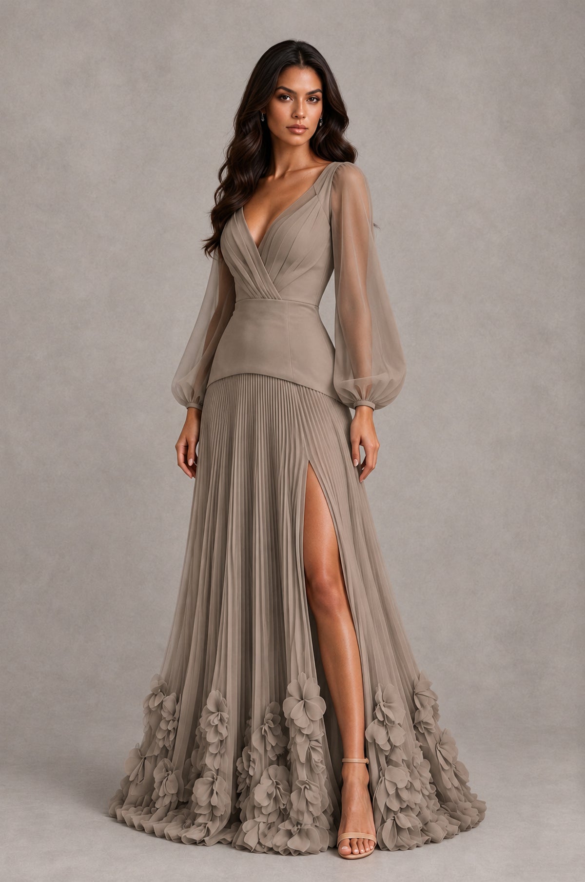 BOLODOO Taupe V-Neck Long Sleeve Pleated Floral Hem Evening Dress - Taupe - Taupe_3