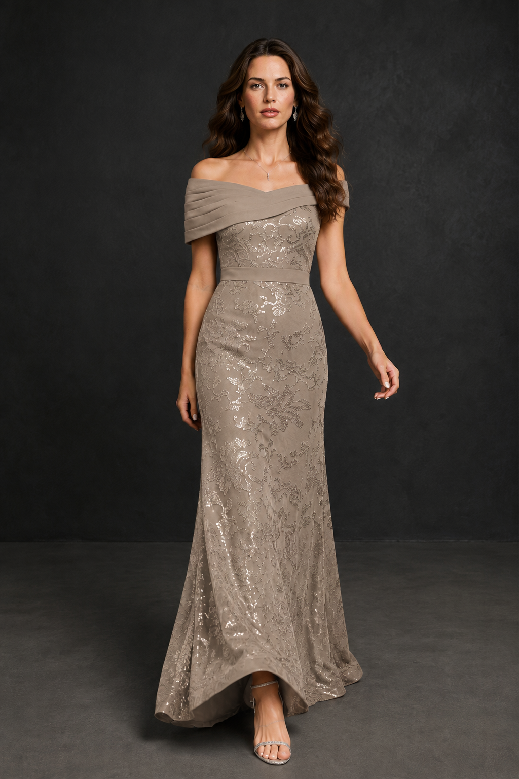 BOLODOO Taupe Off-Shoulder Sequin Lace Mermaid Evening Gown | Mother of the Bride Formal Dress - Taupe