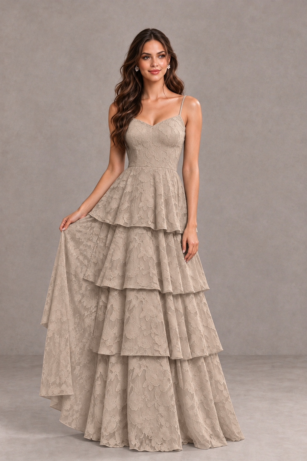 BOLODOO Taupe Tiered Floral-Textured Spaghetti Strap Maxi Dress - Taupe - Taupe_3