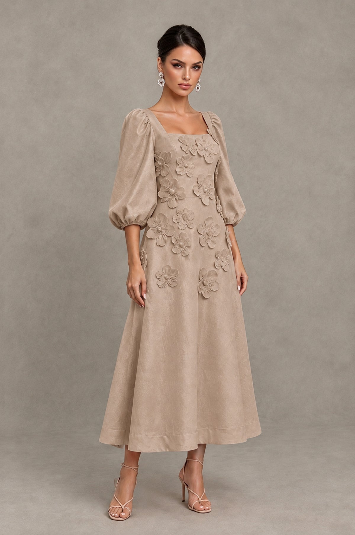 BOLODOO Taupe 3D Floral Puff Sleeve Midi Cocktail Dress - Taupe - Taupe_3