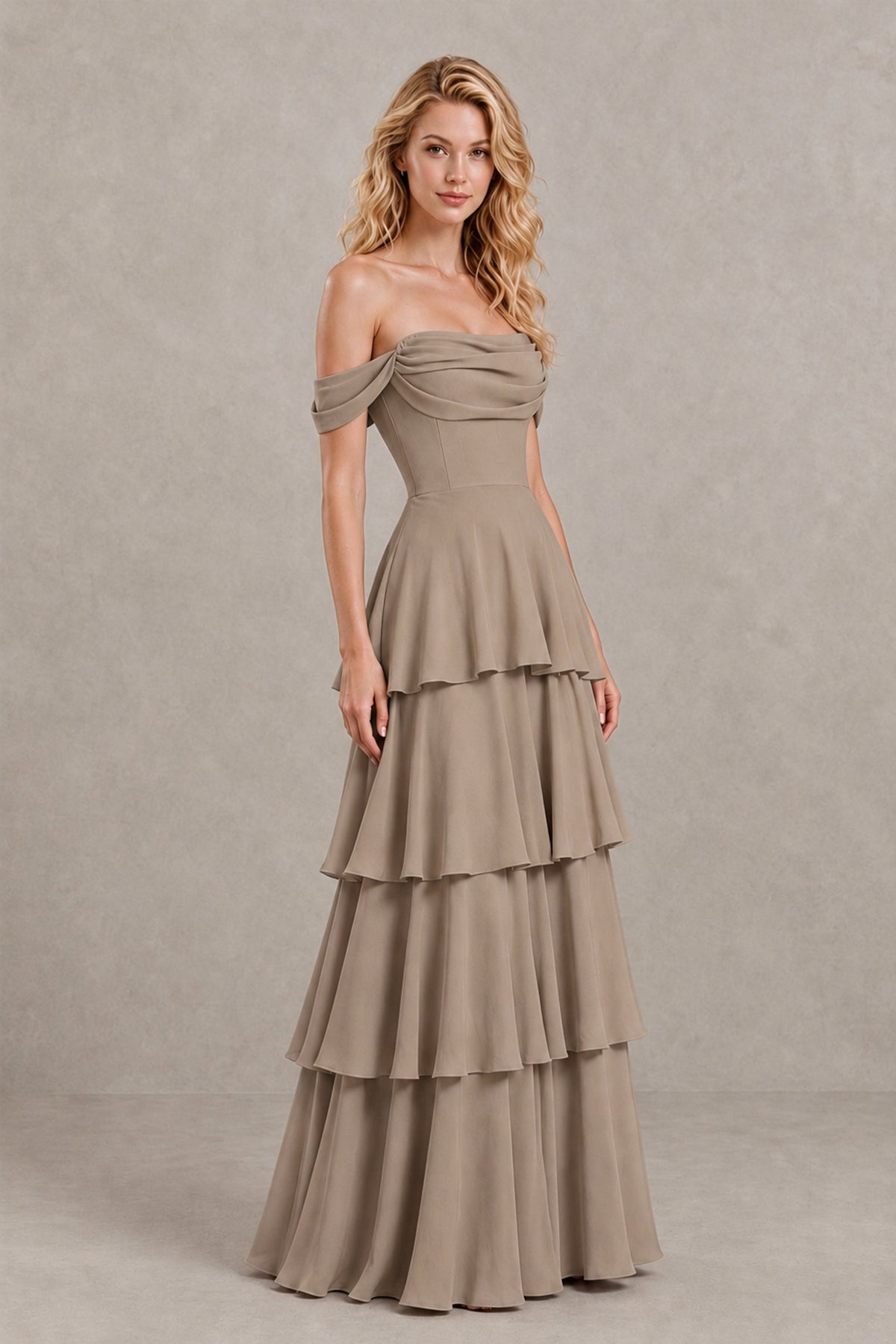 BOLODOO Taupe Off-the-Shoulder Tiered A-Line Evening Bridesmaid Dress - Taupe - Taupe_3