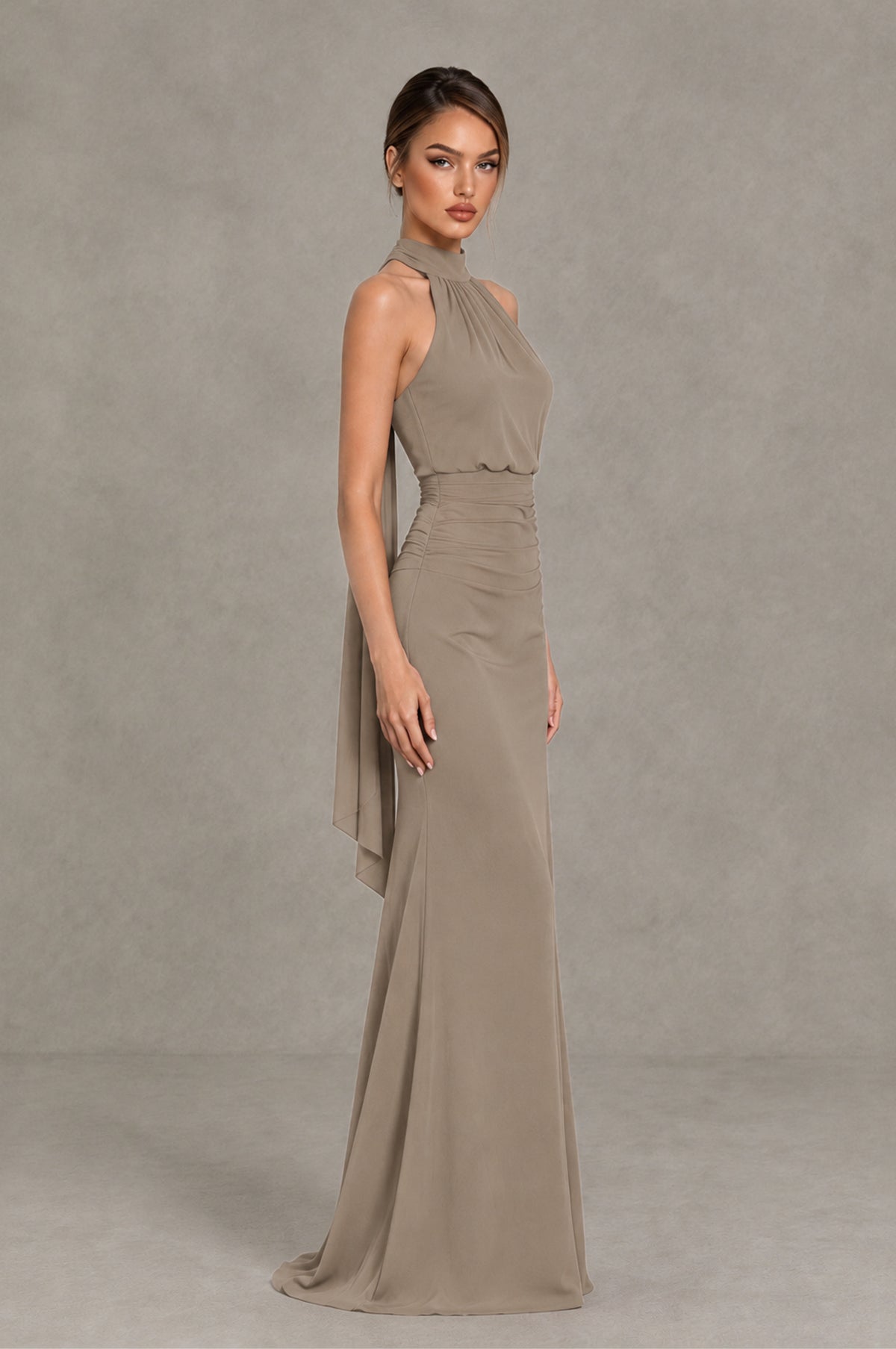 BOLODOO Taupe Chiffon Halter Maxi Formal Wedding Guest Dress - Taupe - Taupe_3