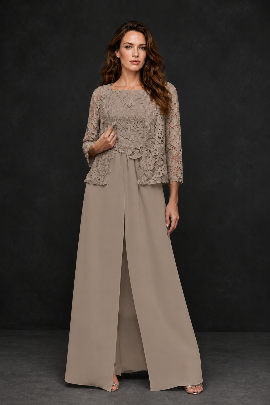 BOLODOO Taupe Grey Lace Peplum Top & Wide-Leg Chiffon Pants Set | Mother of the Bride & Formal Evening Outfit - Taupe