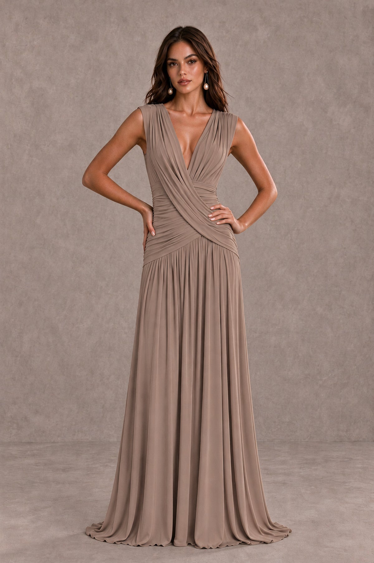 BOLODOO Taupe V-Neck Ruched Wedding Guest Dress - Taupe - Taupe_3