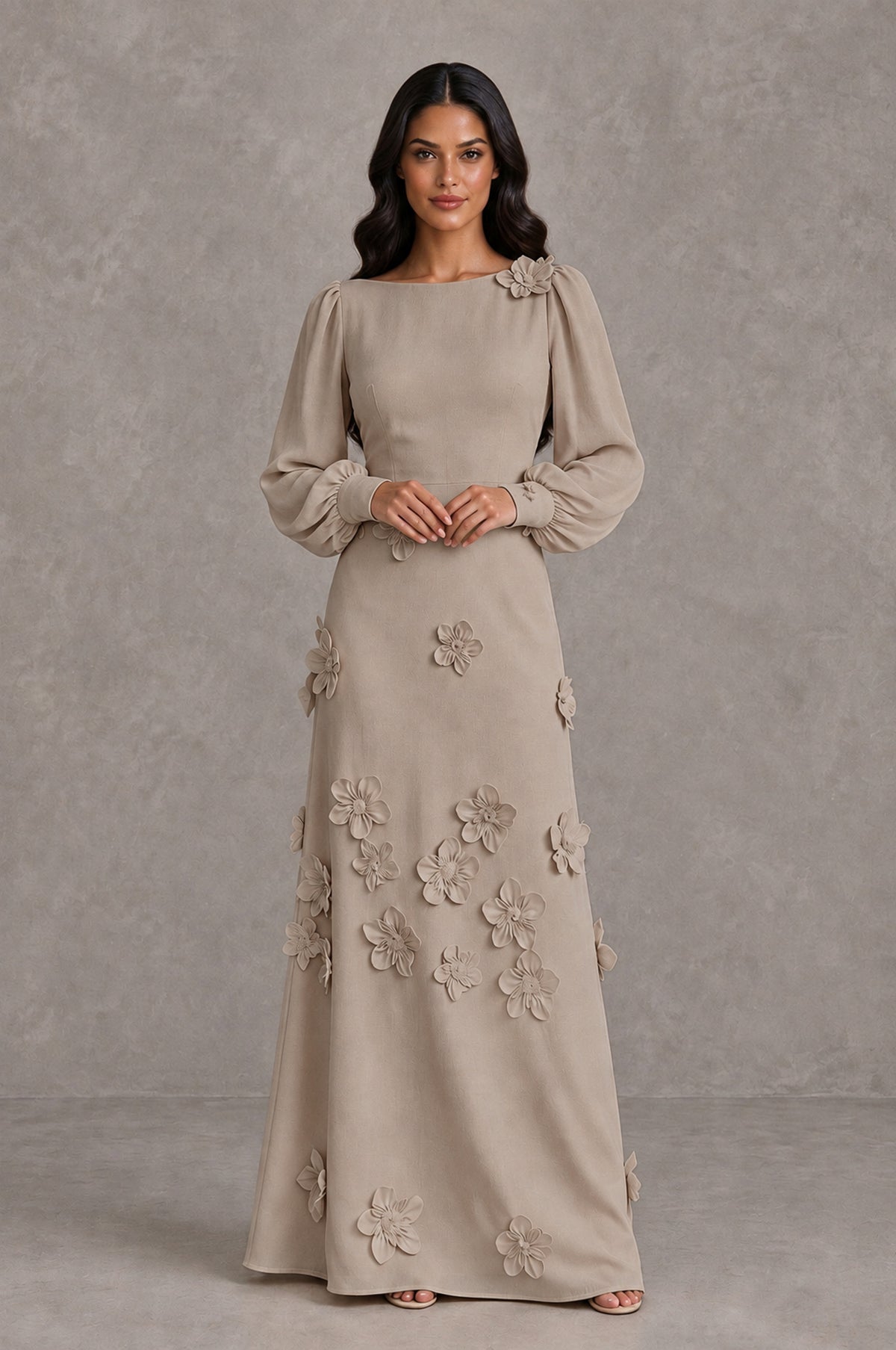BOLODOO Taupe Long Sleeve Floral Applique A-Line Evening Dress - Taupe - Taupe_3