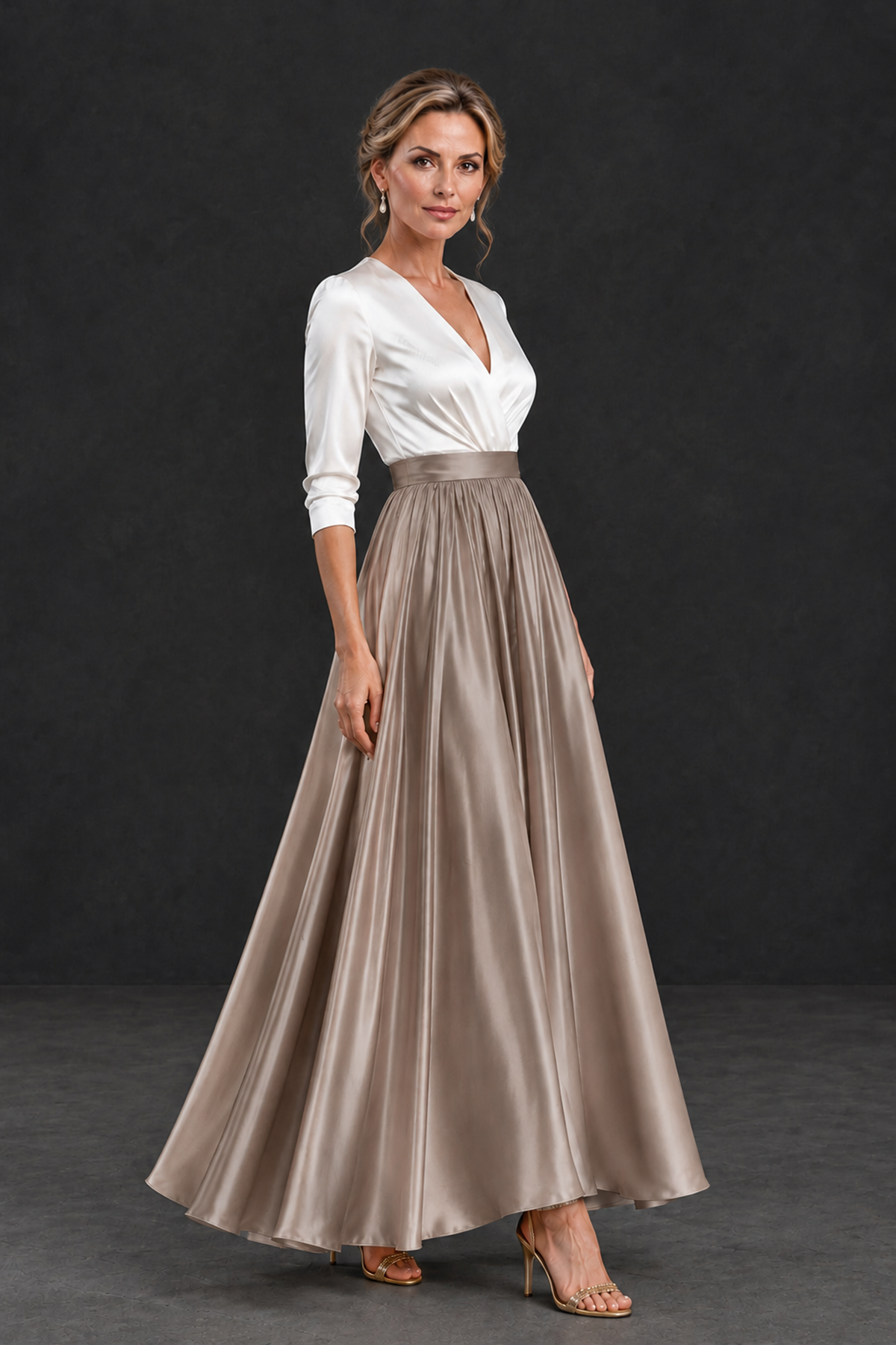 BOLODOO Taupe and White V-Neck A-Line Mother of the Bride Dress - Taupe - Taupe_3