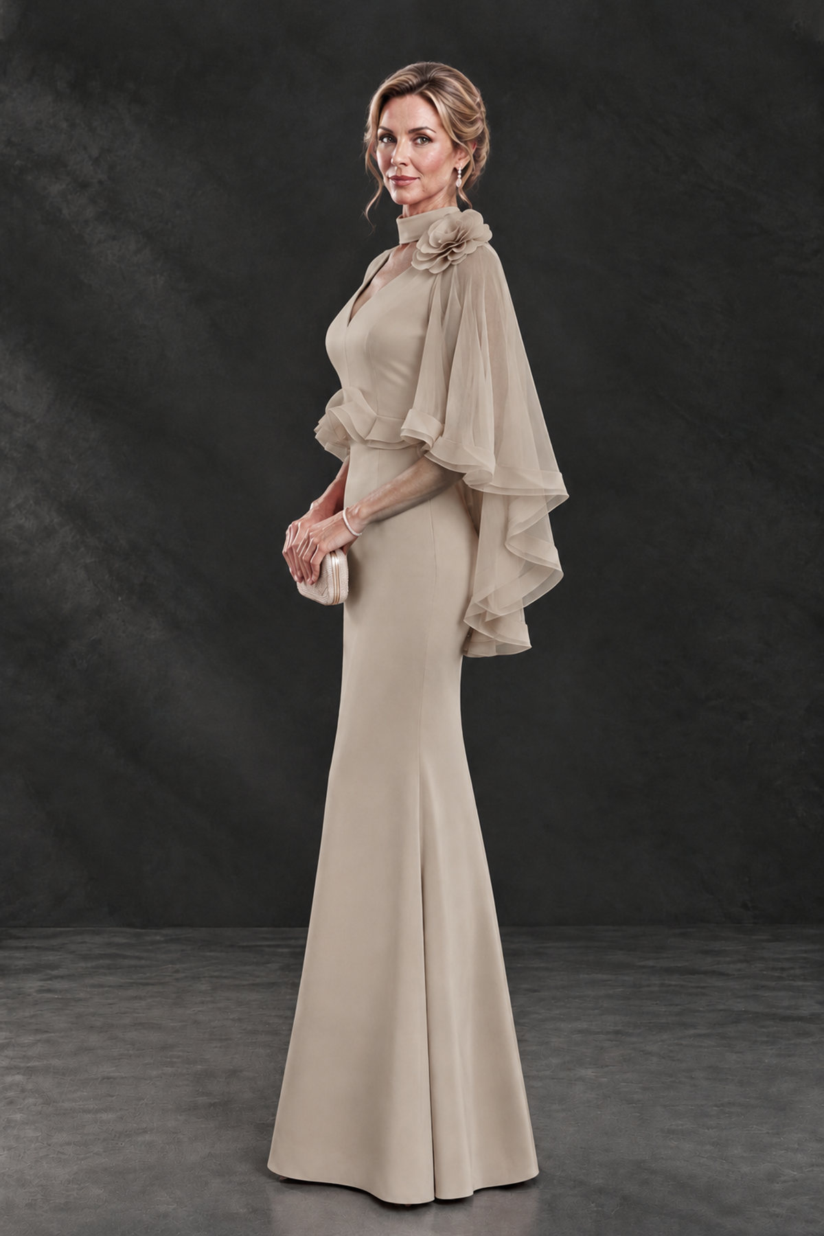 BOLODOO Taupe Floral Cape Sleeve Mother of the Bride Dress - Taupe - Taupe_3