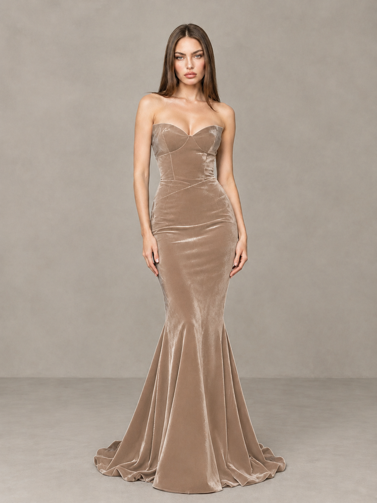BOLODOO Taupe Strapless Sweetheart Velvet-Look Mermaid Evening Dress - Taupe - Taupe_3
