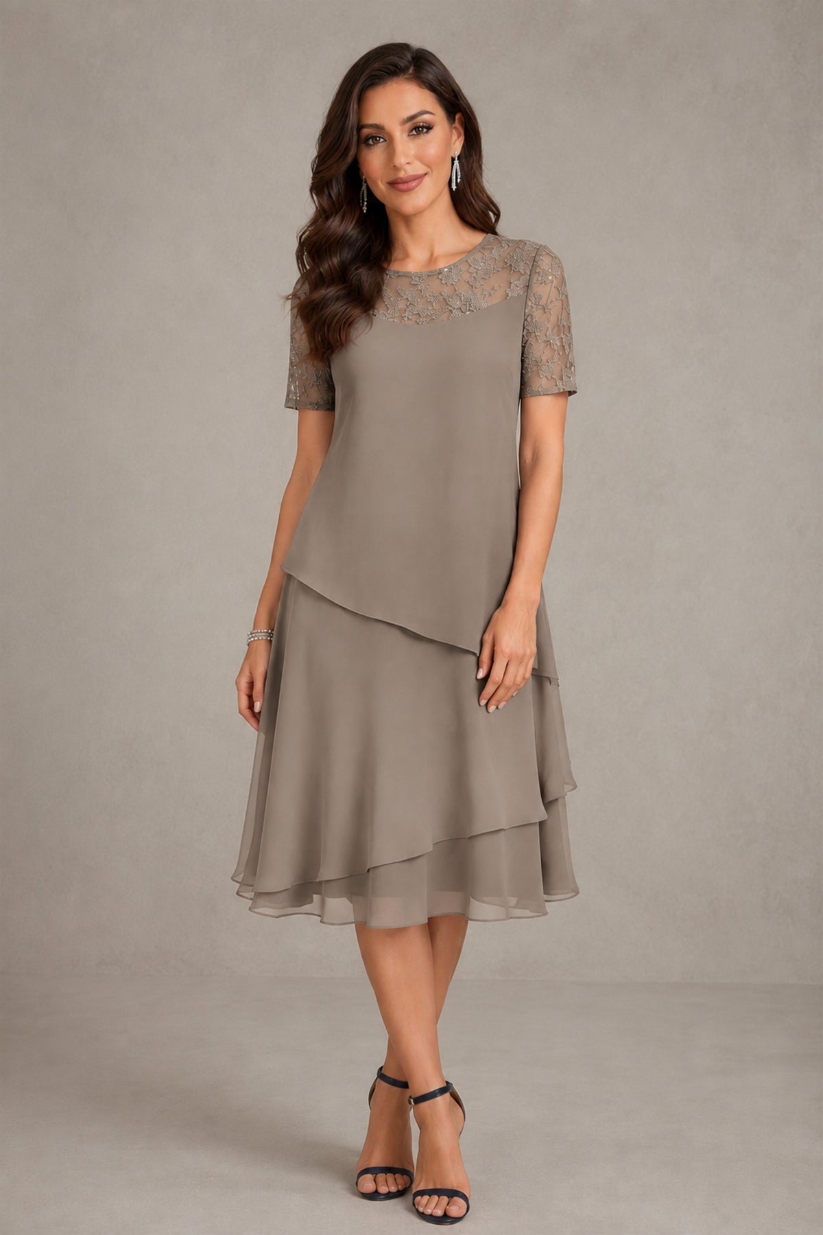 BOLODOO Taupe Illusion Lace Short Sleeve Tiered Chiffon Tea Length Dress | Mother of the Bride Midi Dress - Taupe