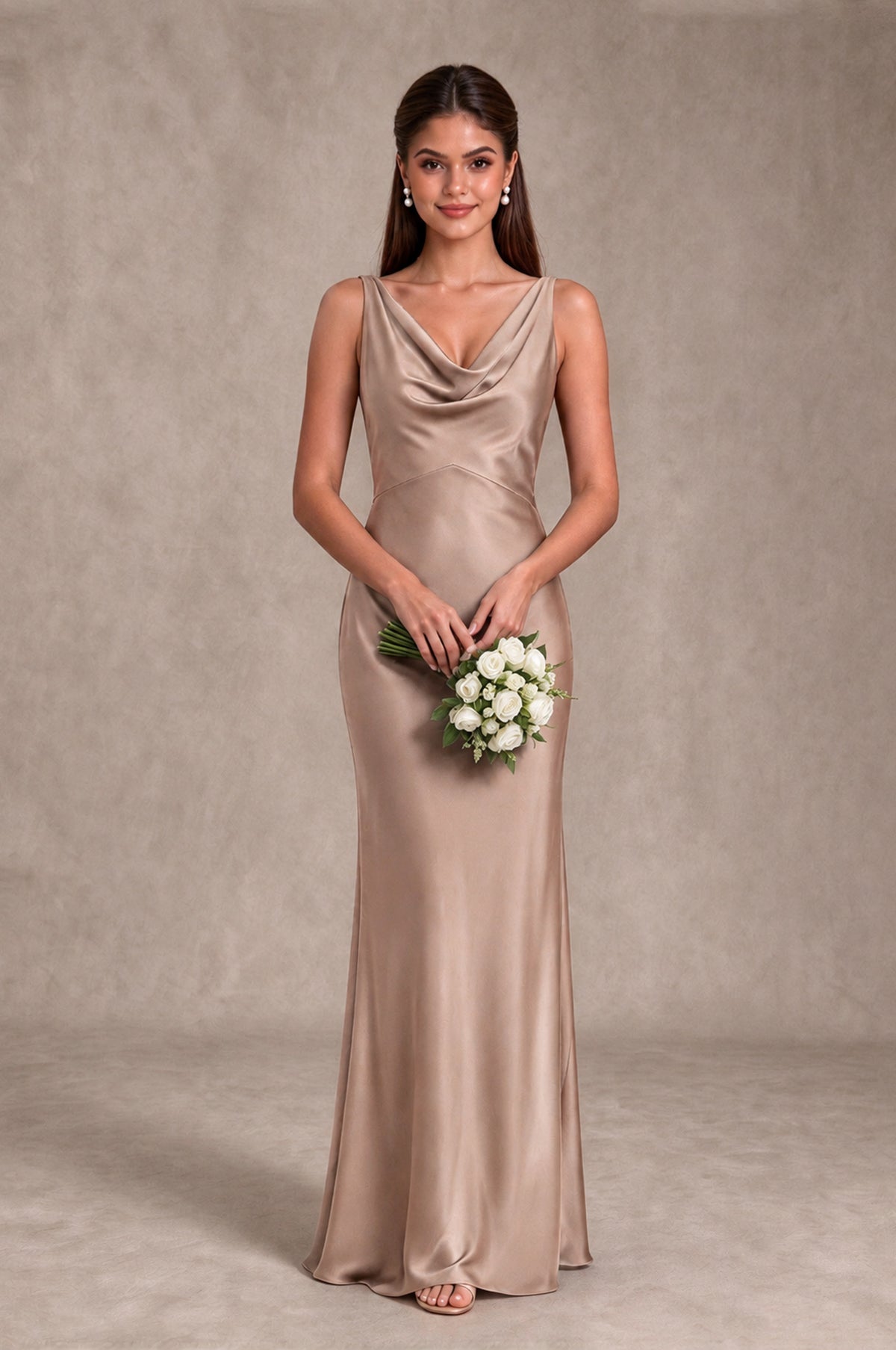 BOLODOO Taupe Cowl Neck Open Back Satin Bridesmaid Dress - Taupe - Taupe_3