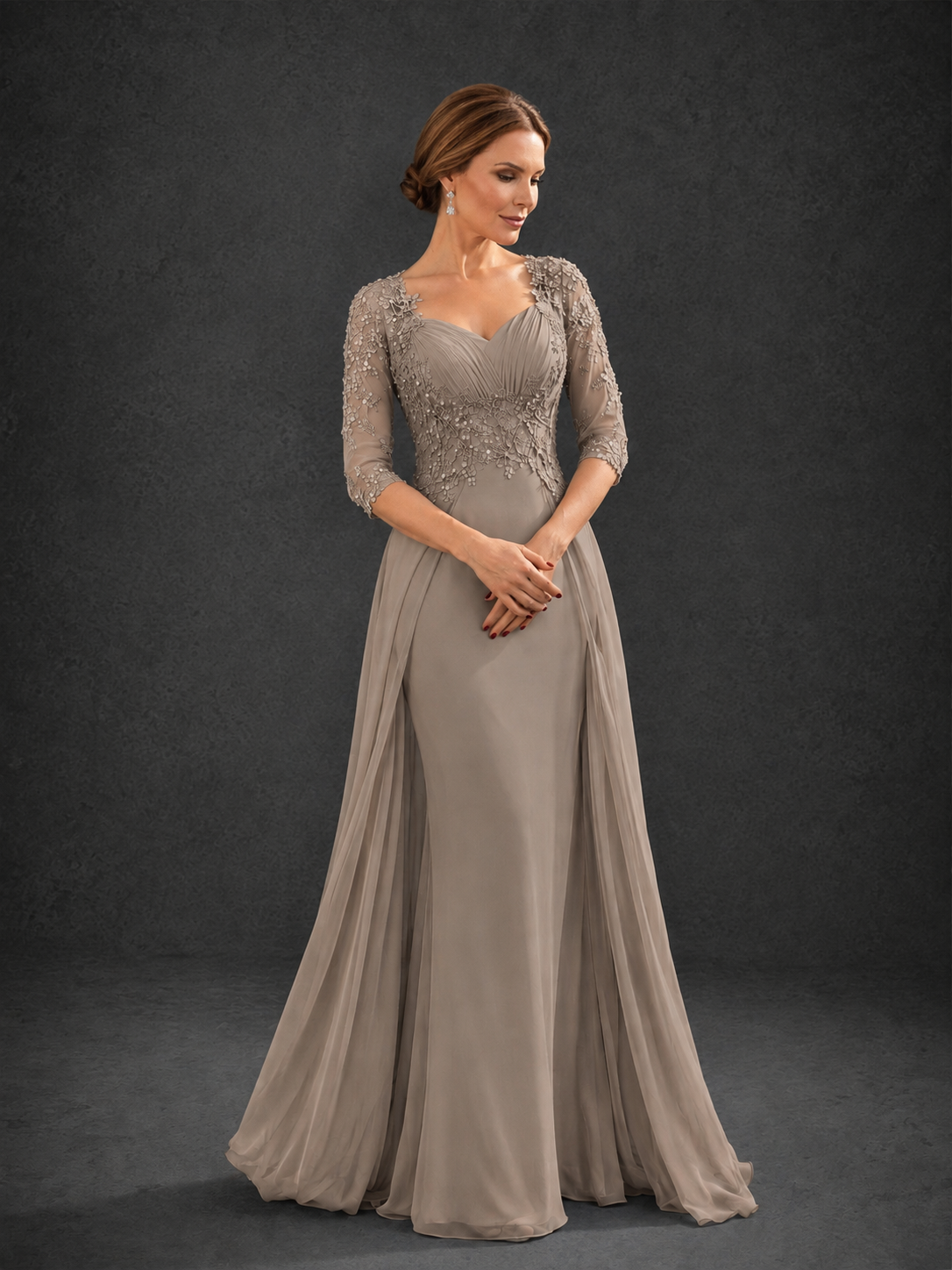 BOLODOO Taupe Sweetheart Neck 3/4 Sleeve Floral Lace Illusion Bodice Chiffon A-Line Gown - Taupe