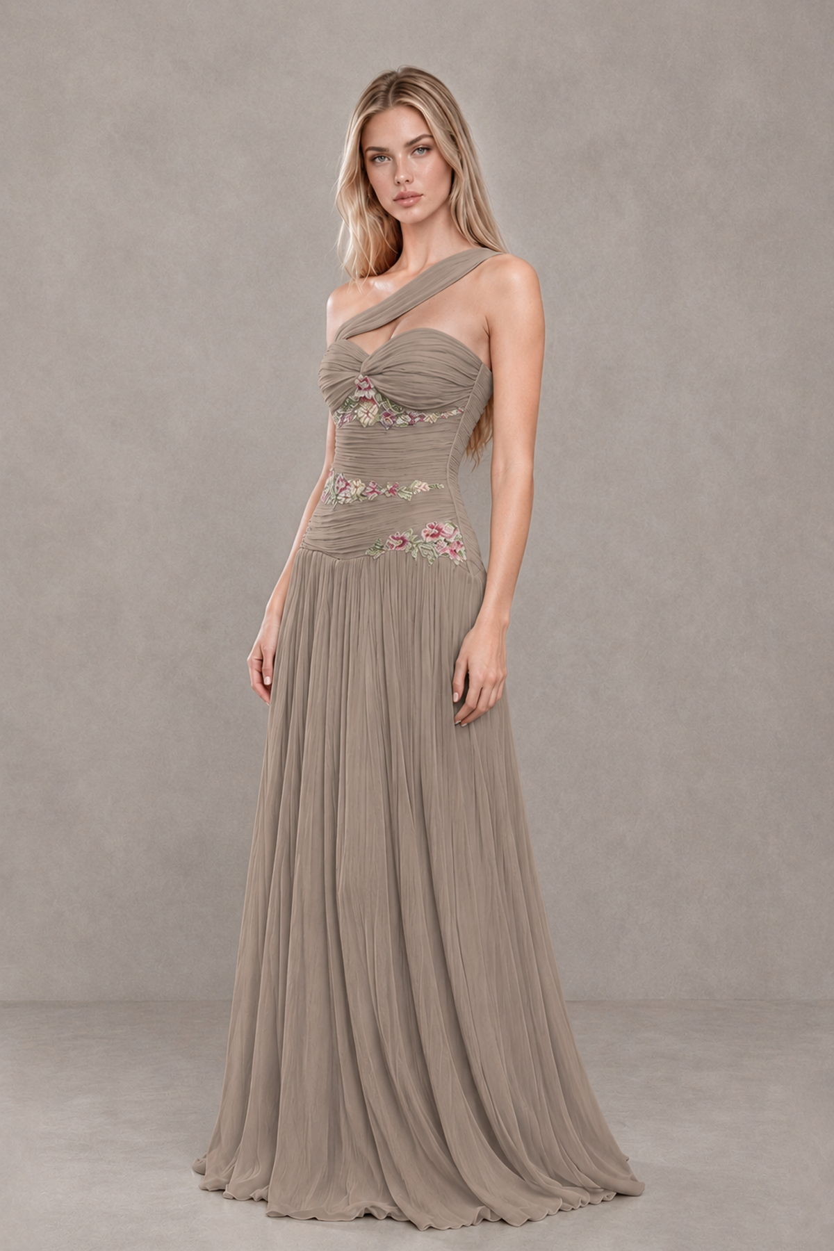 BOLODOO Taupe One-Shoulder Floral Applique A-Line Evening Dress - Taupe - Taupe_3