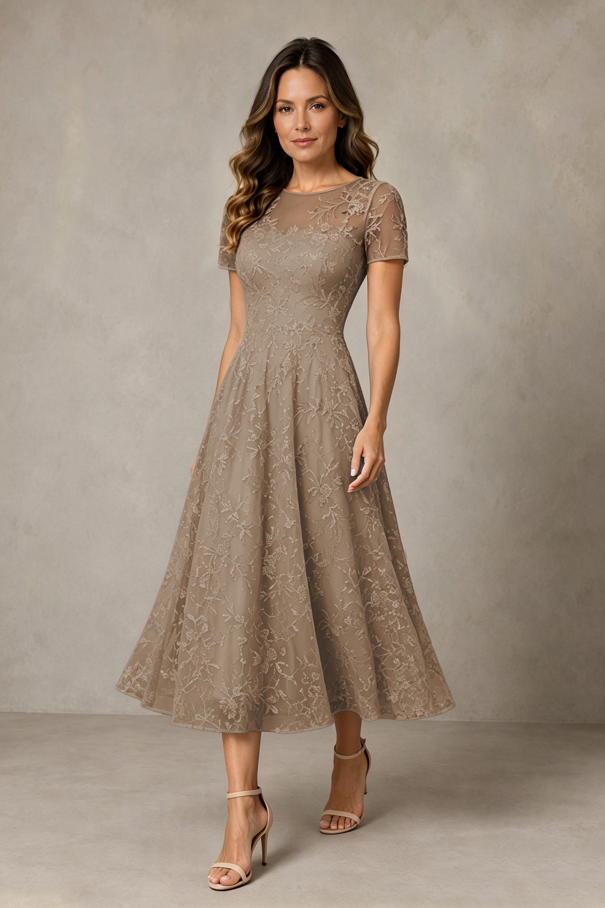 BOLODOO Taupe Textured Floral A-Line Dress with Short Sleeves - Taupe