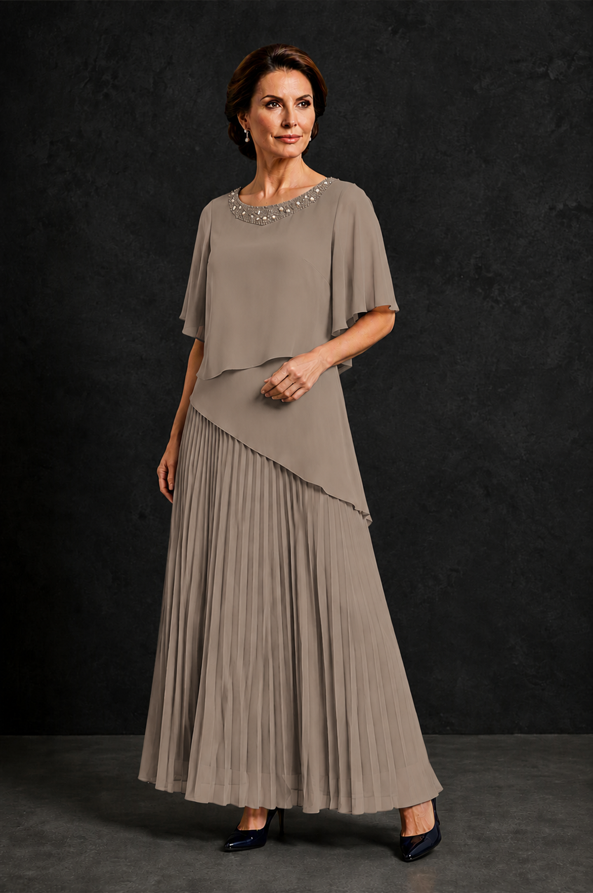 BOLODOO Taupe Pearl Beaded Neck Asymmetric Tiered Flutter Sleeve Pleated Chiffon Maxi Dress - Taupe - Taupe_3