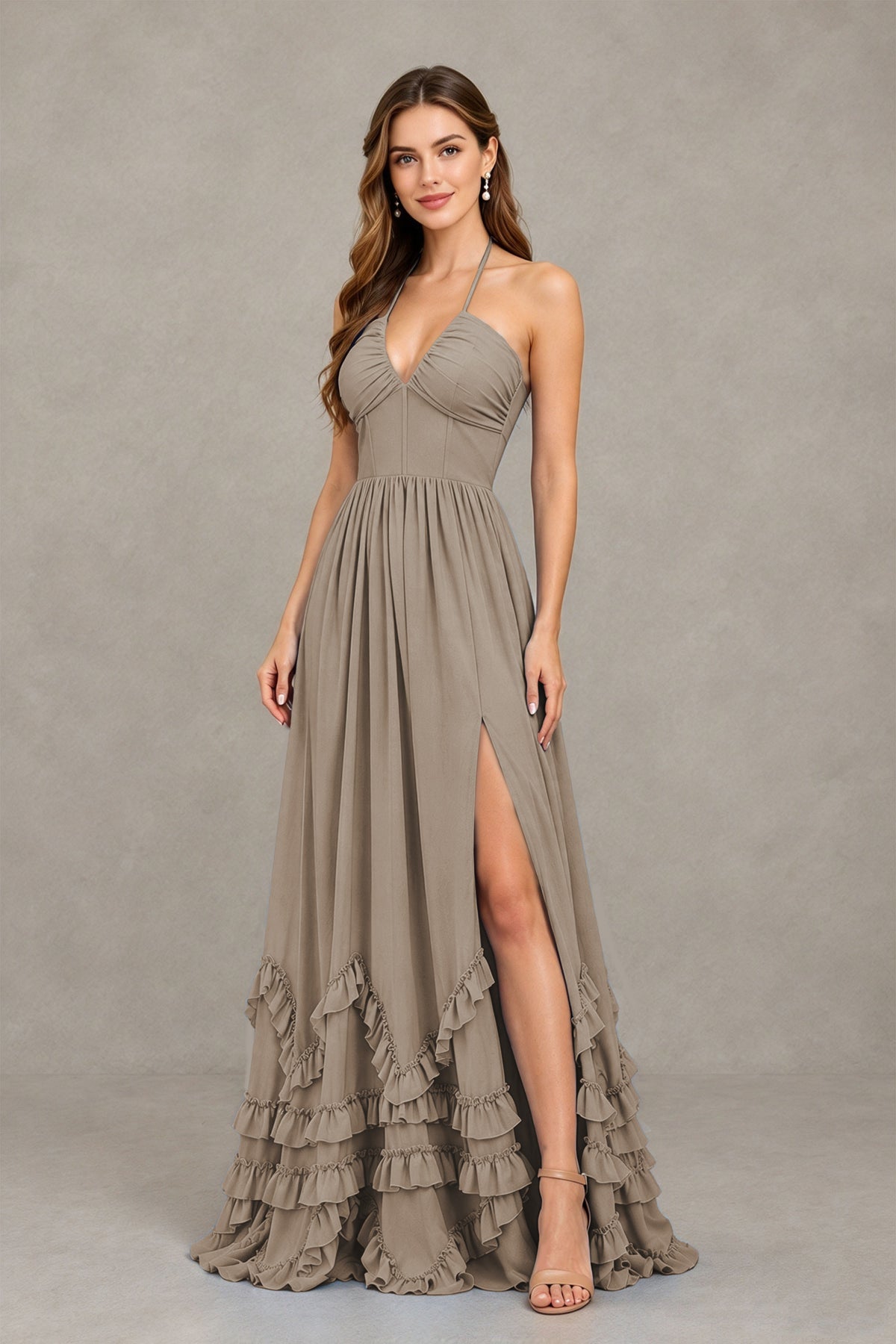 BOLODOO Taupe Halter Ruffle Hem A-Line Bridesmaid Dress with High Slit - Taupe - Taupe(3)