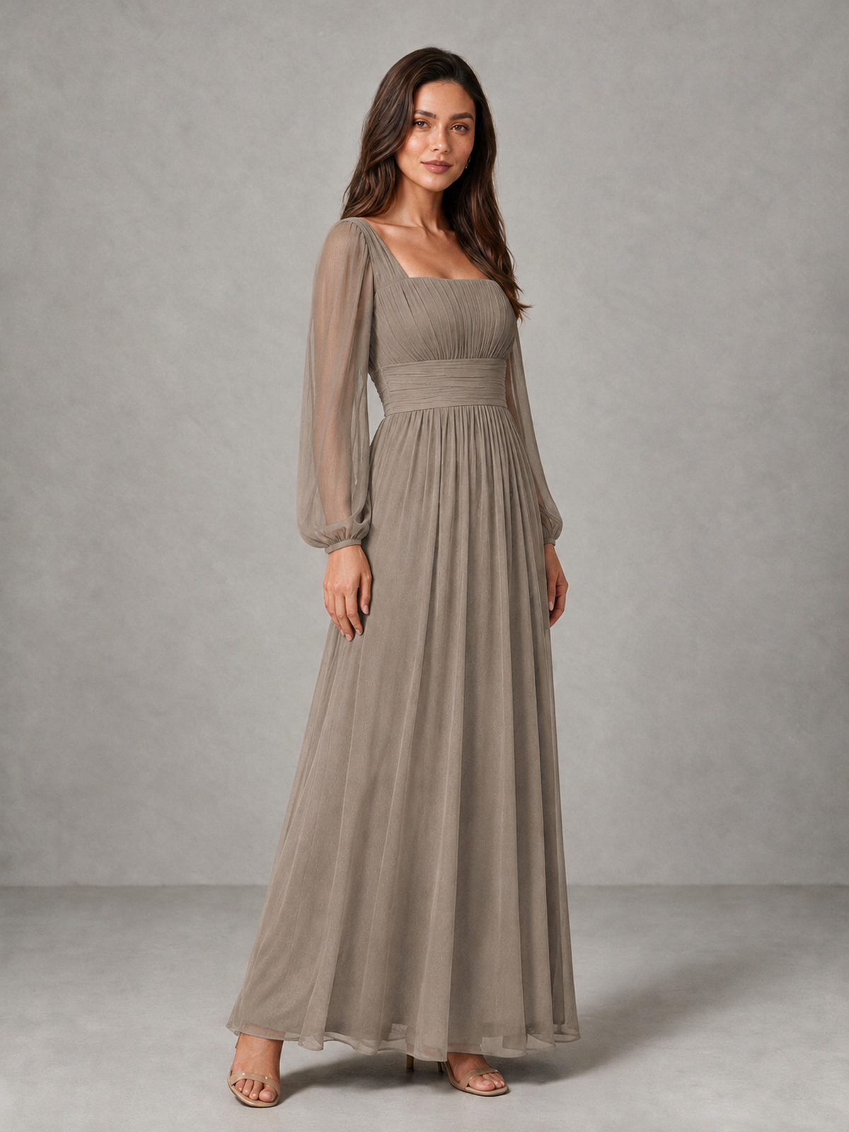 BOLODOO Taupe Square Neck Long Sleeve Chiffon Bridesmaid Dress - Taupe - Taupe_3