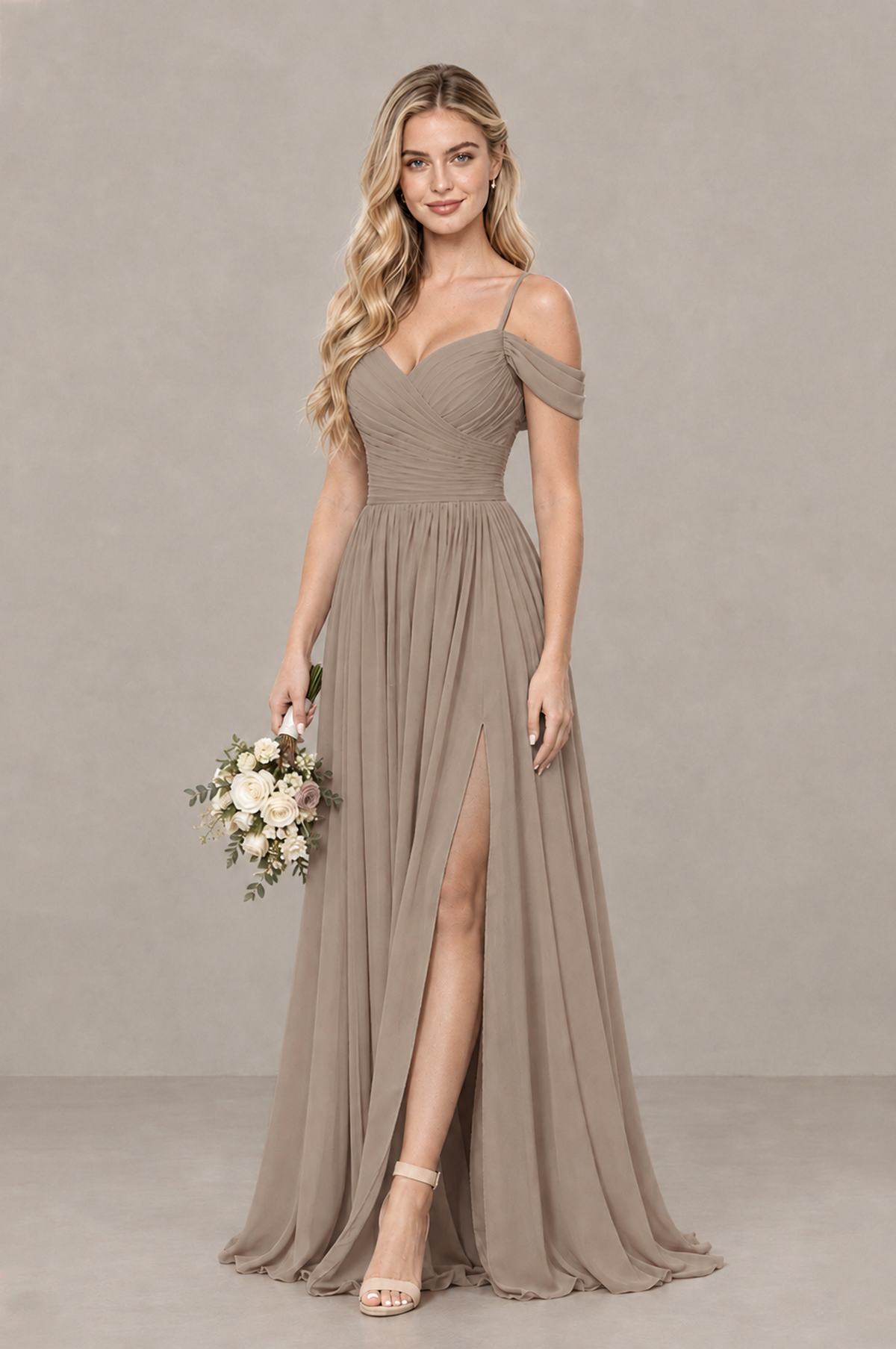 BOLODOO Taupe Off-Shoulder Bridesmaid Dress with Slit - Taupe
