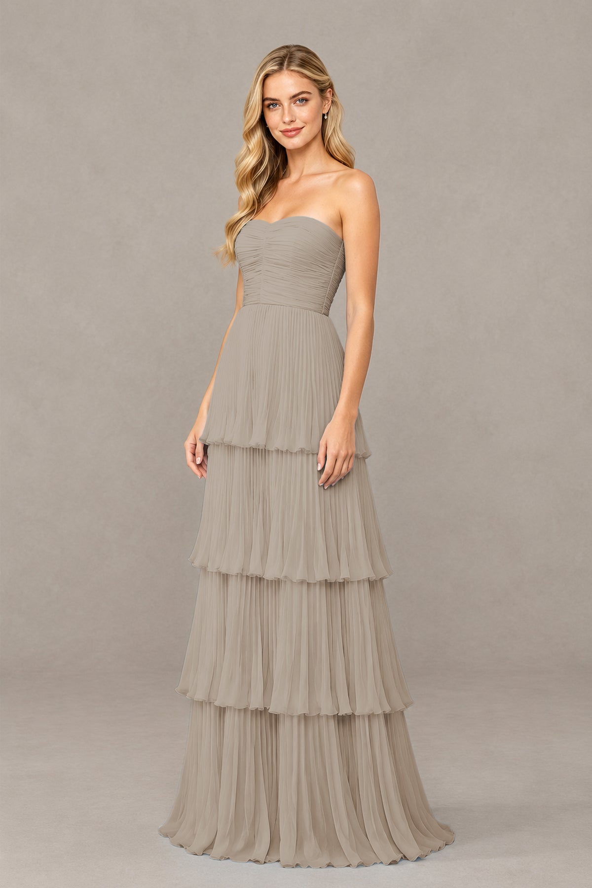 BOLODOO Taupe Strapless Tiered Chiffon Maxi Dress - Taupe