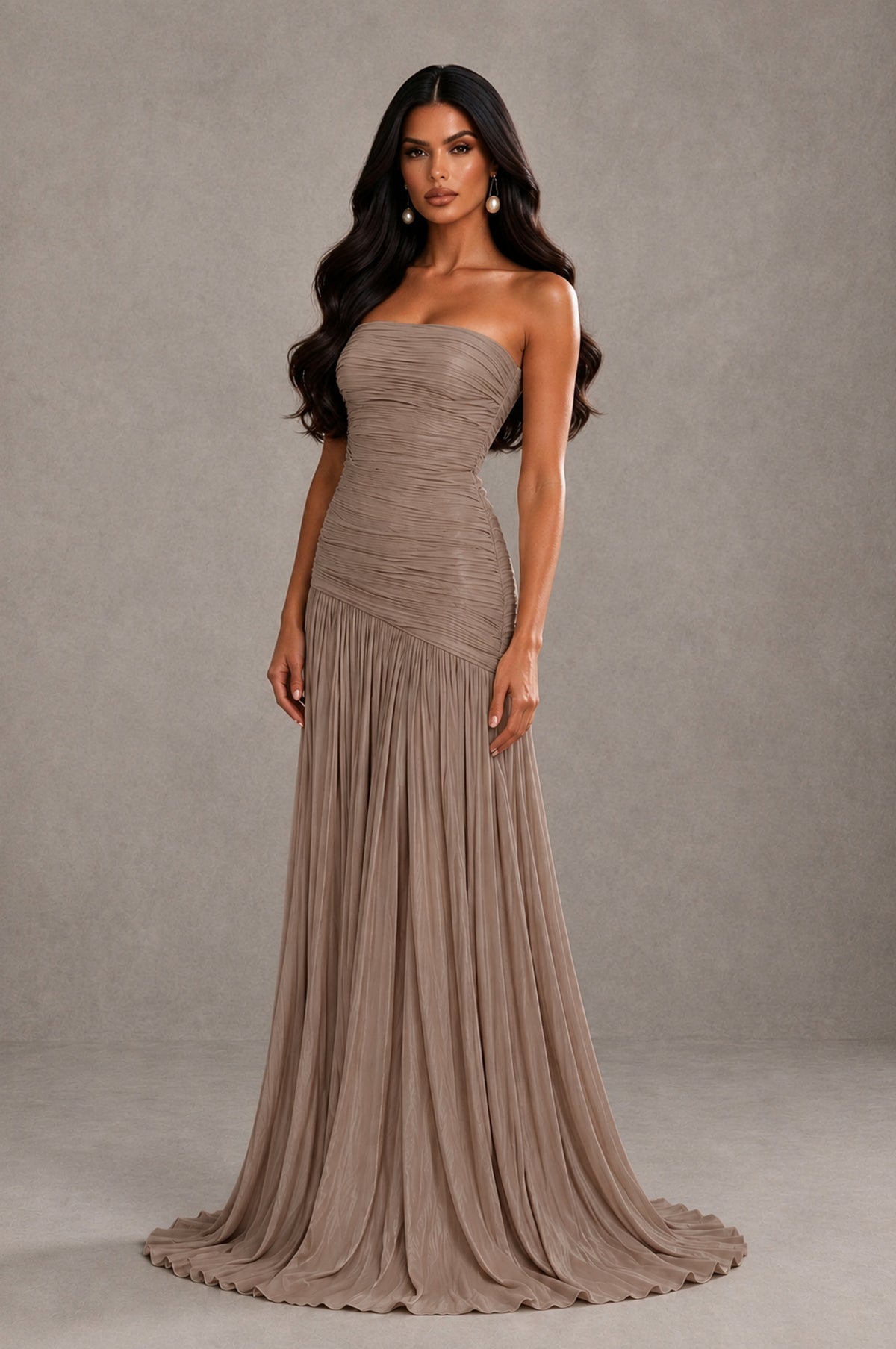 BOLODOO Taupe Metallic Ruched Strapless Pleated A-Line Backless Maxi Dress with Train - Taupe - Taupe_3