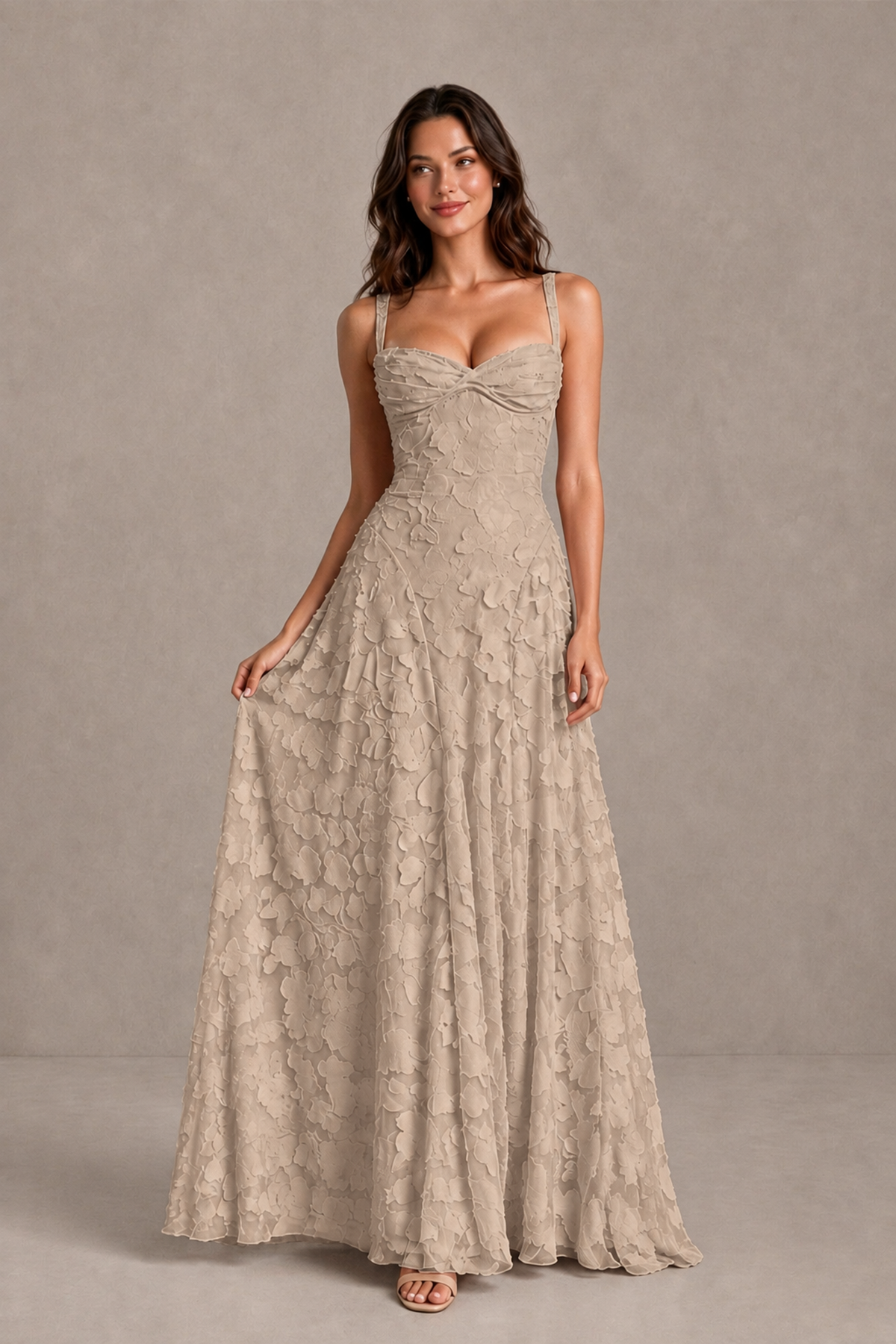 BOLODOO Taupe Floral-Textured A-Line Dress with Lace-Up Back - Taupe - Taupe_3