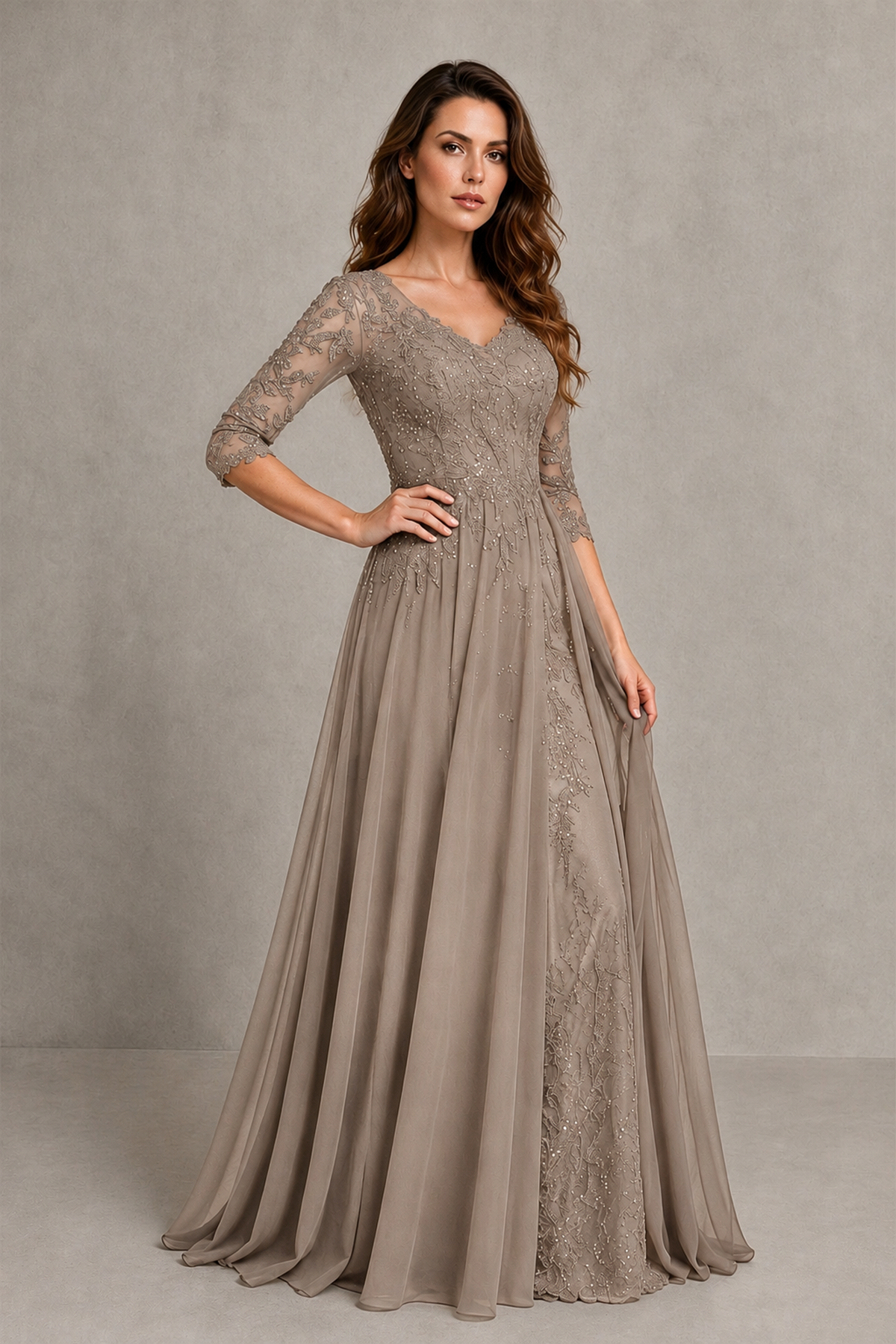 BOLODOO Midnight Taupe Beaded Lace Appliqué Chiffon A-Line Gown | Mother of the Bride & Formal Evening Dress - Taupe - Taupe_3