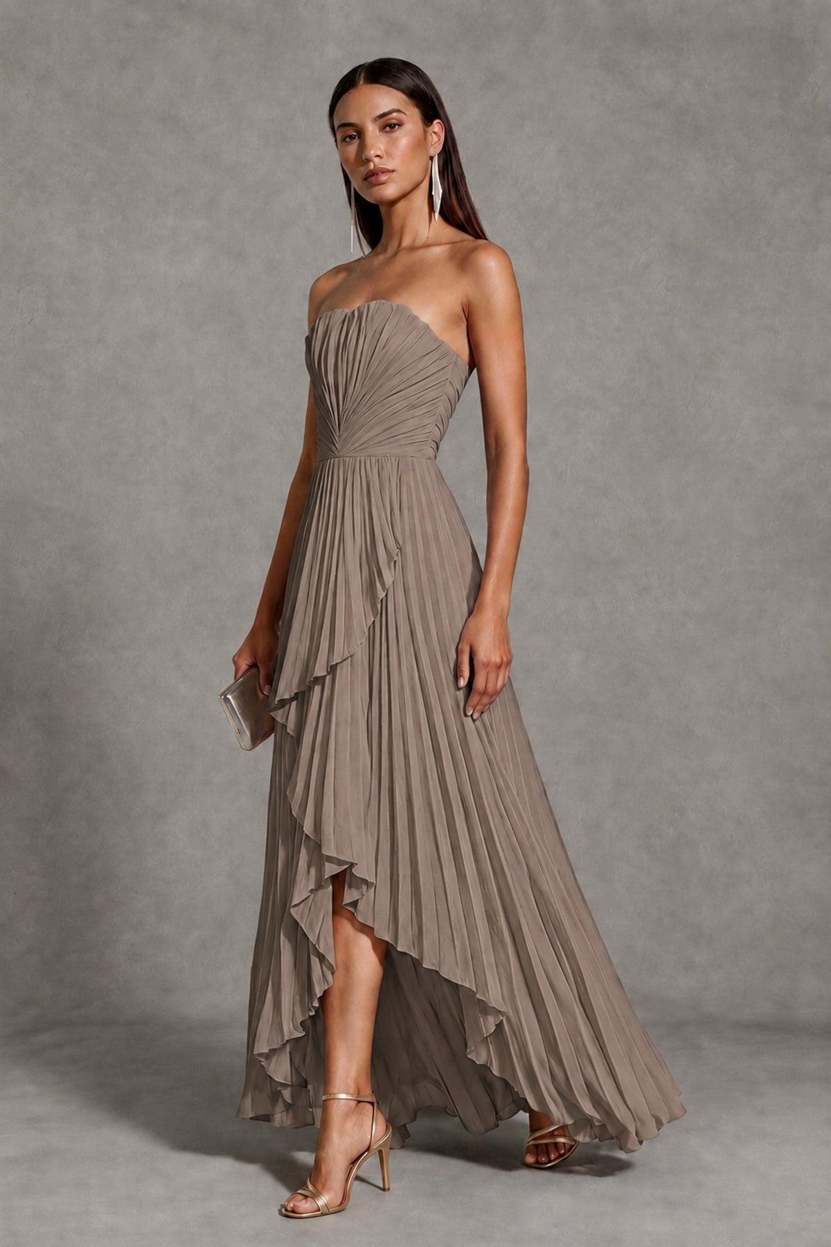 Taupe Strapless Pleated High-Low Evening Gown with Ruffle Hem - Taupe - Taupe_3