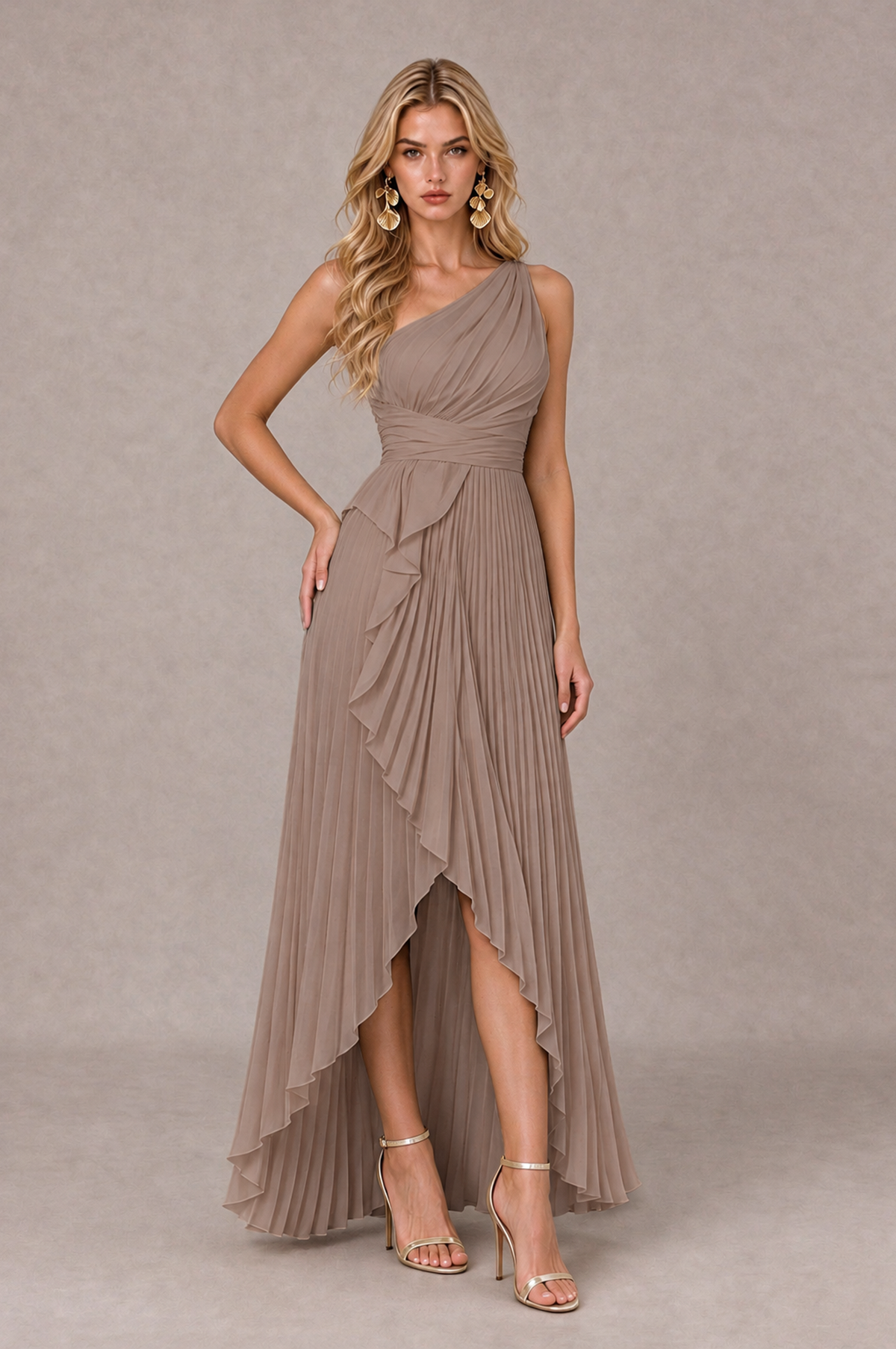 BOLODOO Taupe One-Shoulder High-Low Ruffle Maxi Dress - Taupe - Taupe_3