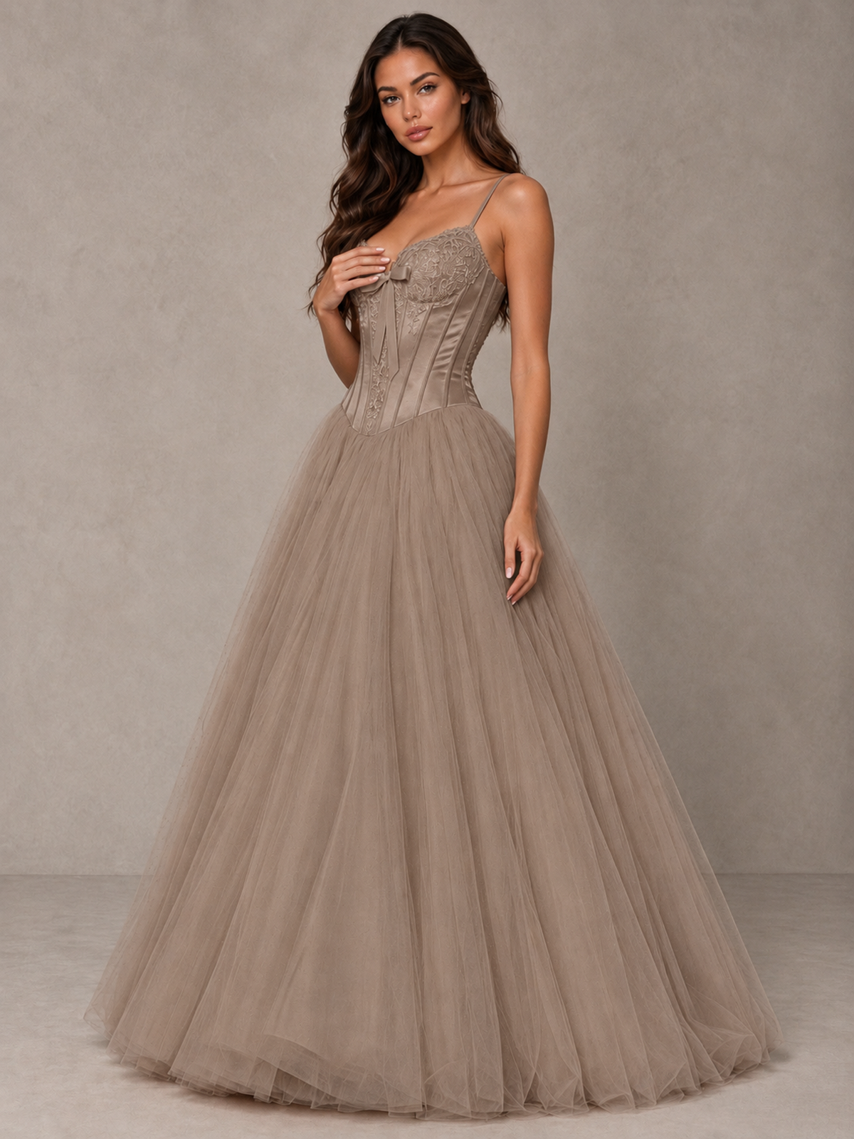 BOLODOO Taupe Corset Tulle Prom Dress with Spaghetti Straps - Taupe - Taupe_3