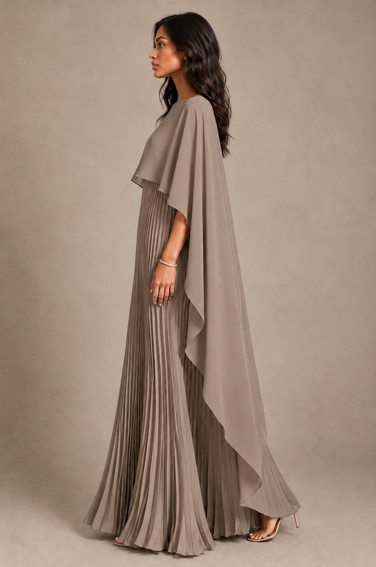 BOLODOO Taupe Pleated Cape A-Line Evening Dress - Taupe - Taupe_3