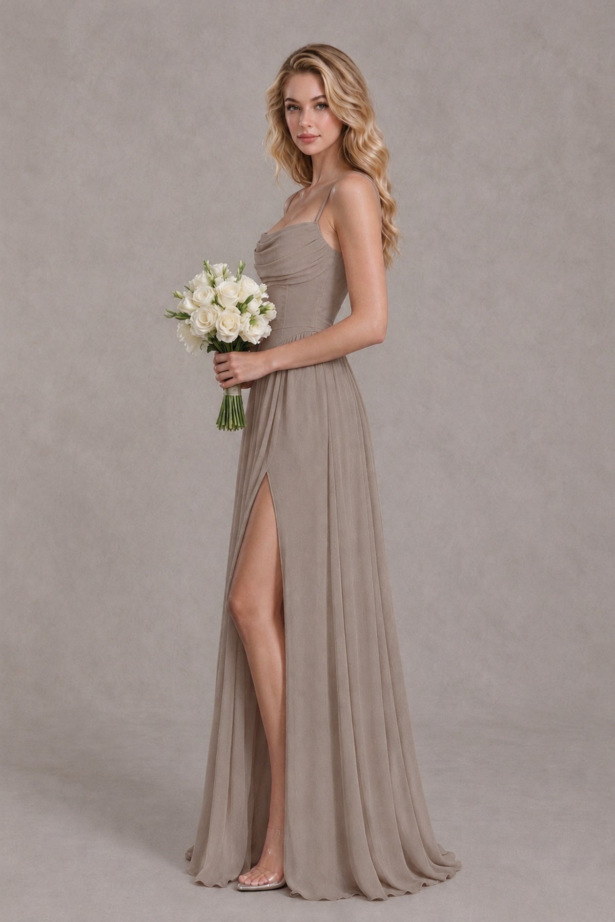 BOLODOO Taupe Spaghetti Strap A-Line Bridesmaid Dress with Slit - Taupe - Taupe_3