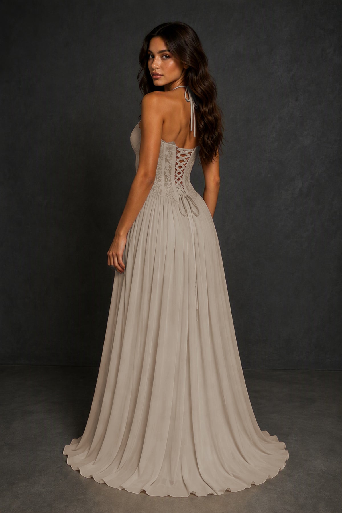 BOLODOO Taupe Lace Corset Halter Maxi Gown – Backless A-Line Formal Dress - Taupe
