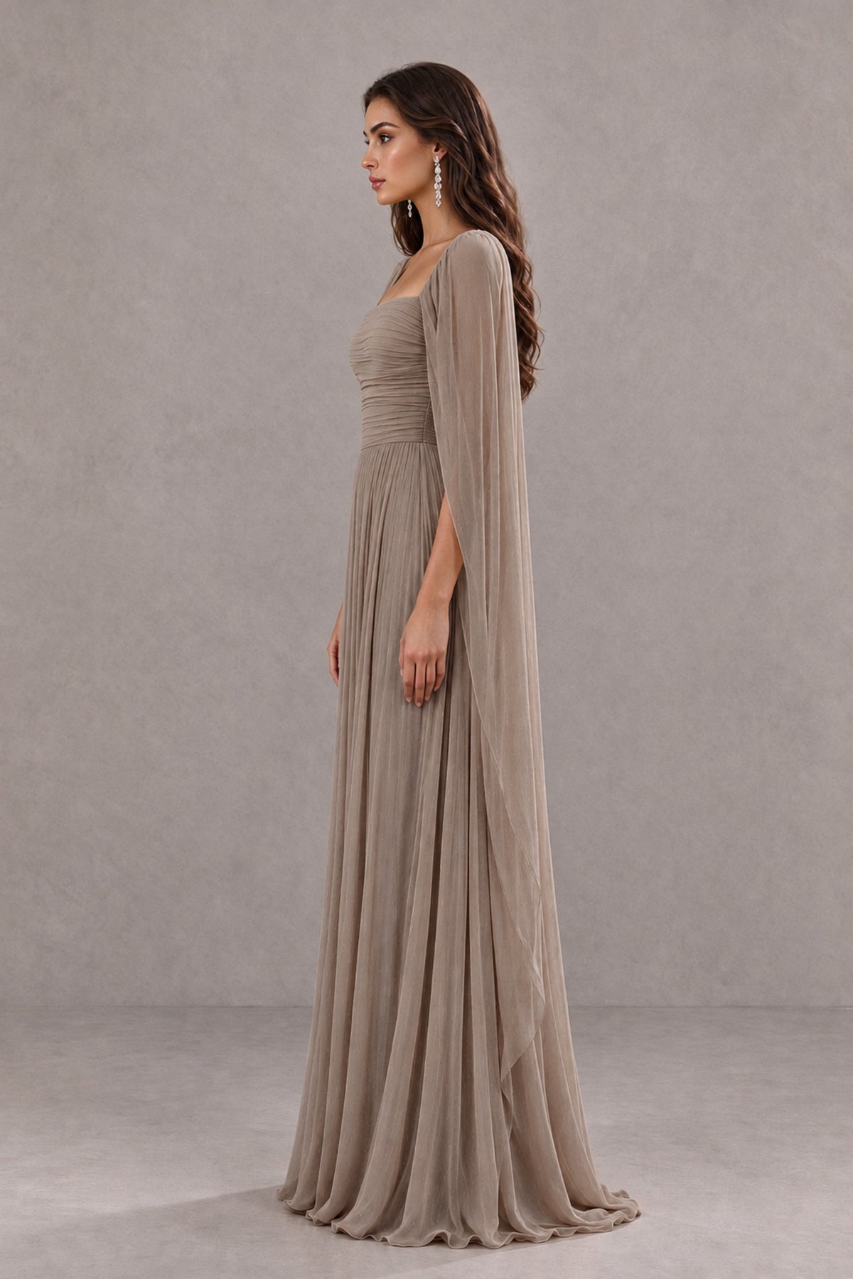 BOLODOO Taupe Square Neck Cape Sleeve A-Line Evening Dress - Taupe - Taupe_4