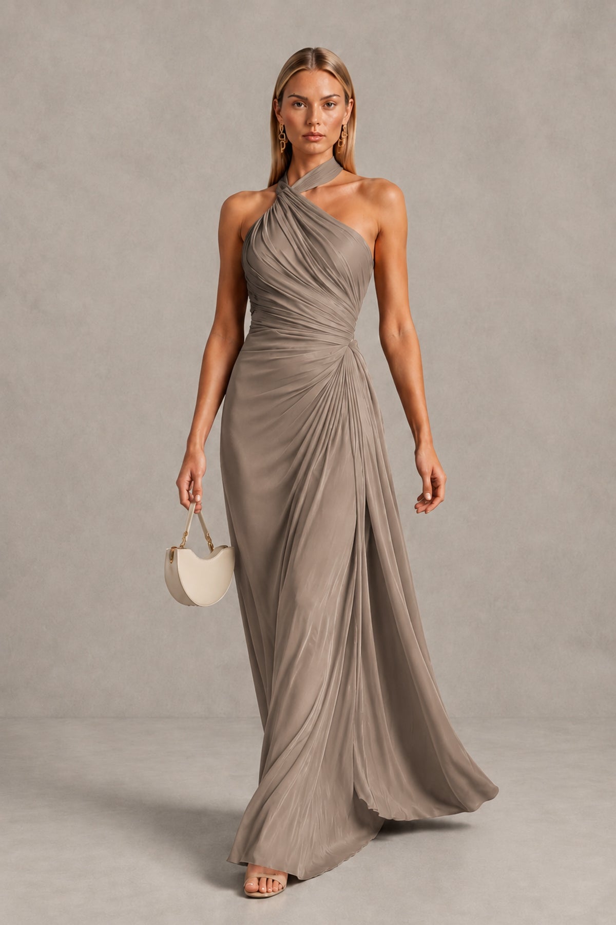 BOLODOO Taupe Twisted Halter Neck Ruched Sleeveless Open Back Floor-Length Gown - Taupe - Taupe_4