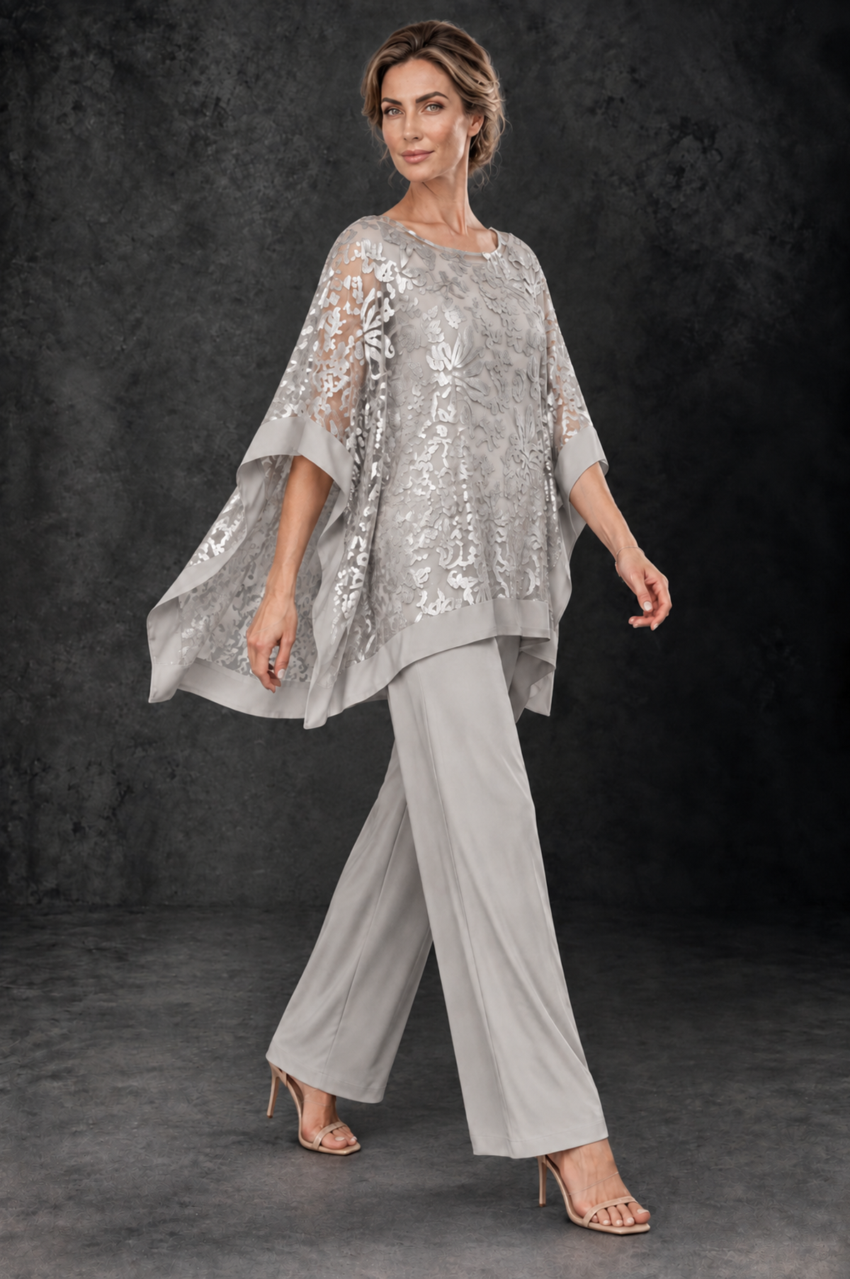 BOLODOO Taupe Floral Cape Mother of the Bride Pant Suit - Taupe - Taupe_4