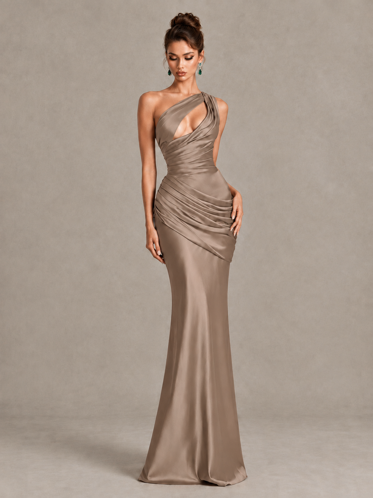 BOLODOO Taupe One-Shoulder Cutout Satin Mermaid Prom Dress - Taupe - Taupe_4