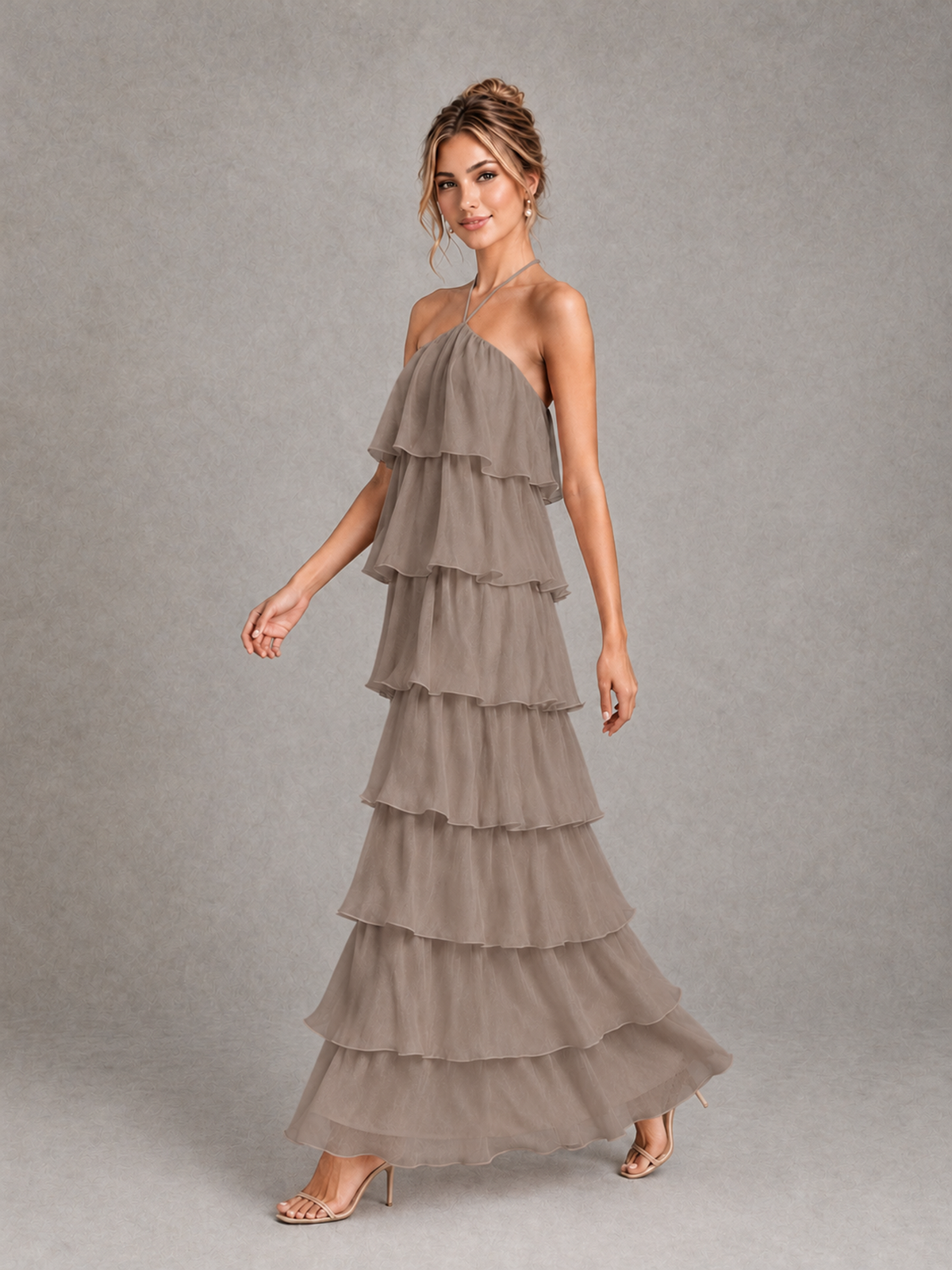 BOLODOO Taupe Halter Tiered Ruffle Maxi Bridesmaid Dress - Taupe - Taupe_4