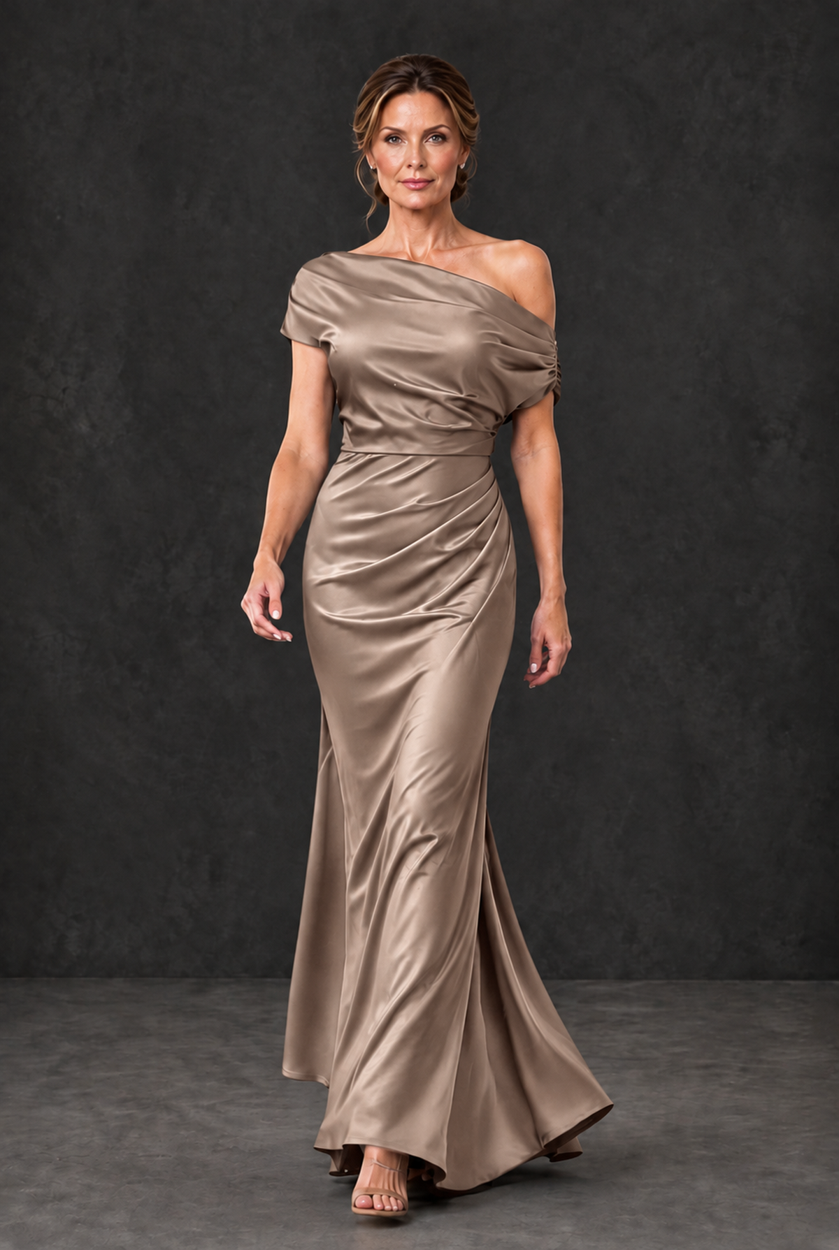 BOLODOO Taupe Asymmetric Ruched Mother of the Bride Dress - Taupe - Taupe_4