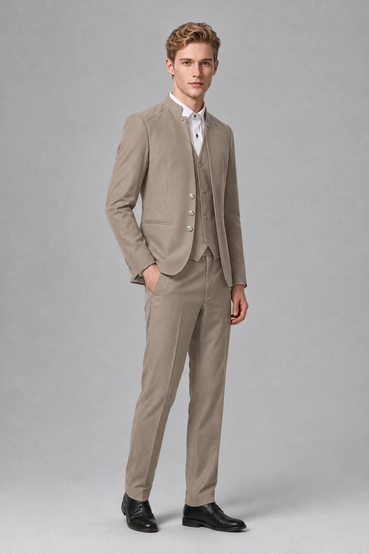 Bolodoo Men's Taupe Mandarin Collar 3-Piece Suit – Jacket, Vest & Trousers - Taupe - Taupe_4