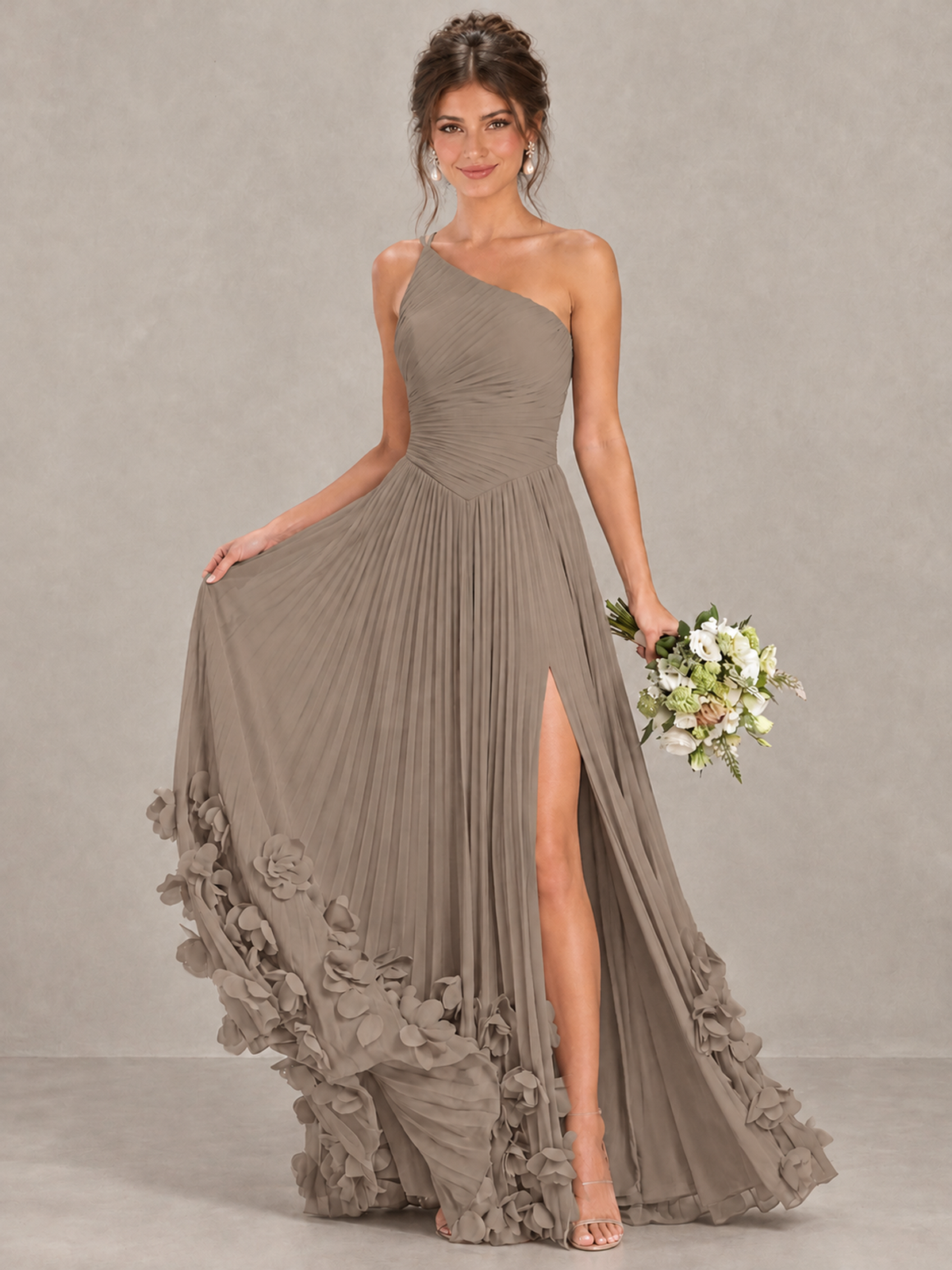 BOLODOO Taupe One-Shoulder Pleated Bridesmaid Dress with 3D Floral Hem - Taupe - Taupe_4