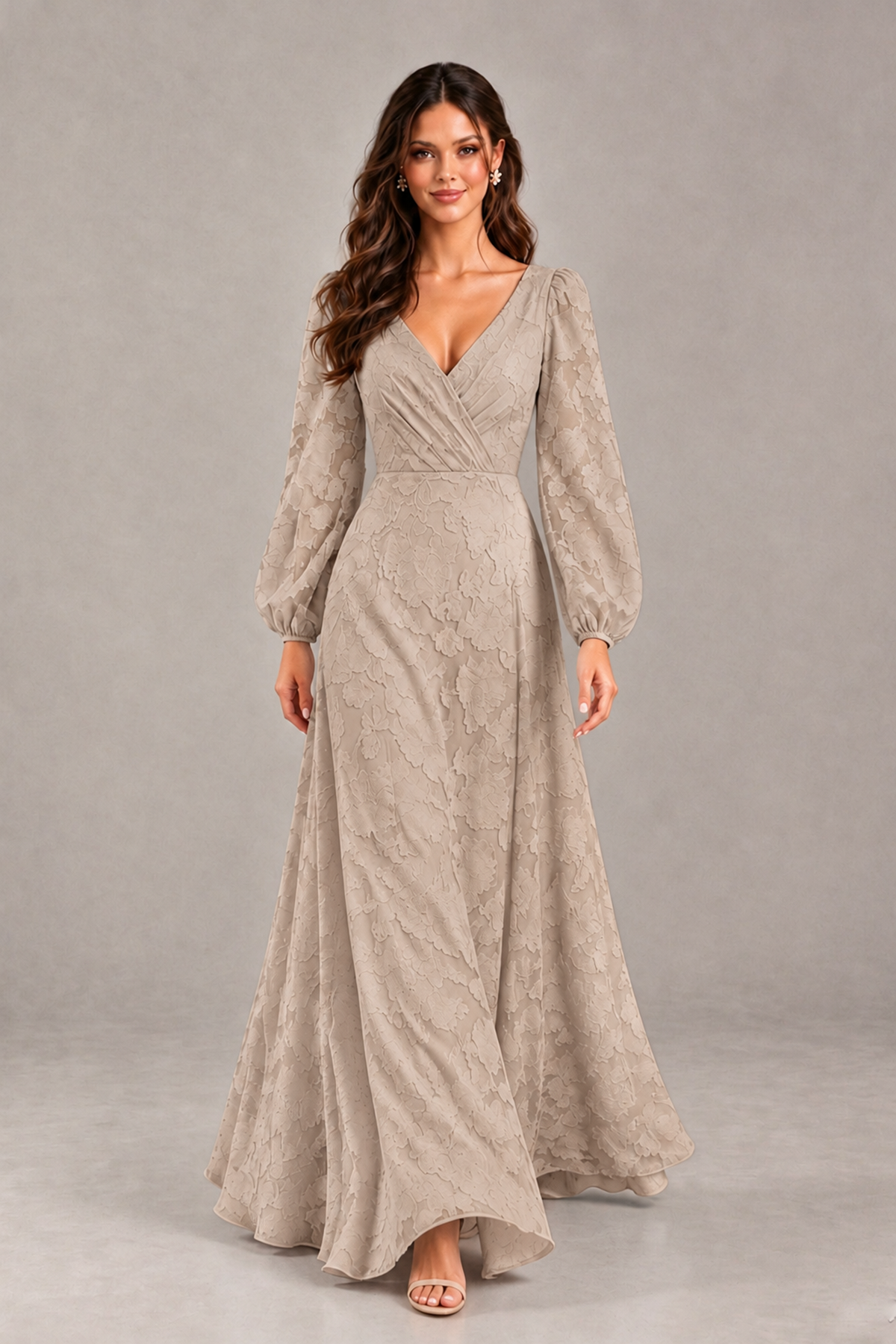 BOLODOO Taupe Long Sleeve V-Neck A-Line Mother of the Bride Dress - Taupe - Taupe_4