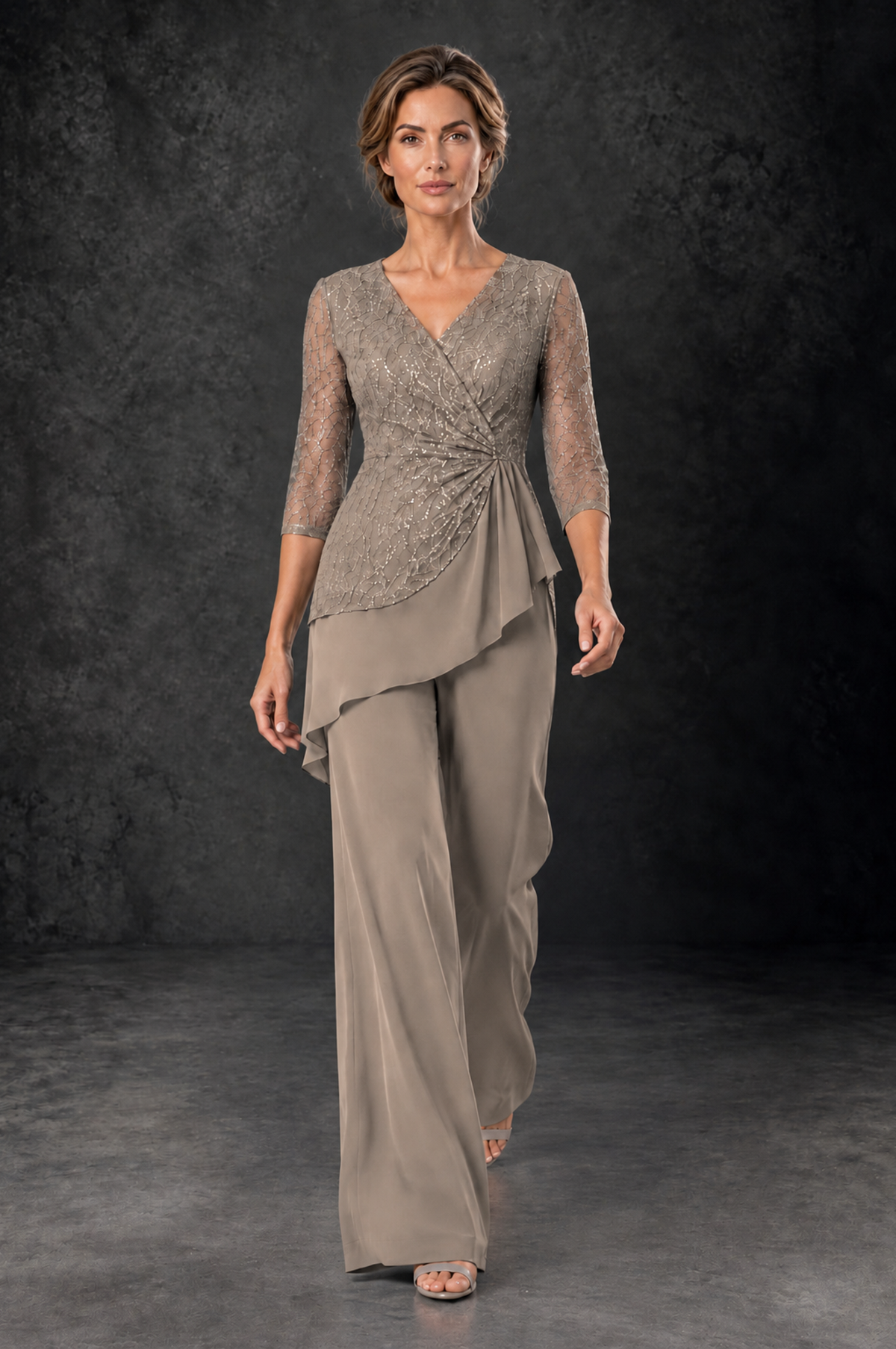 BOLODOO Taupe Sequin Lace 3/4 Sleeve Chiffon Mother of the Bride Pant Suit - Taupe - Taupe_4