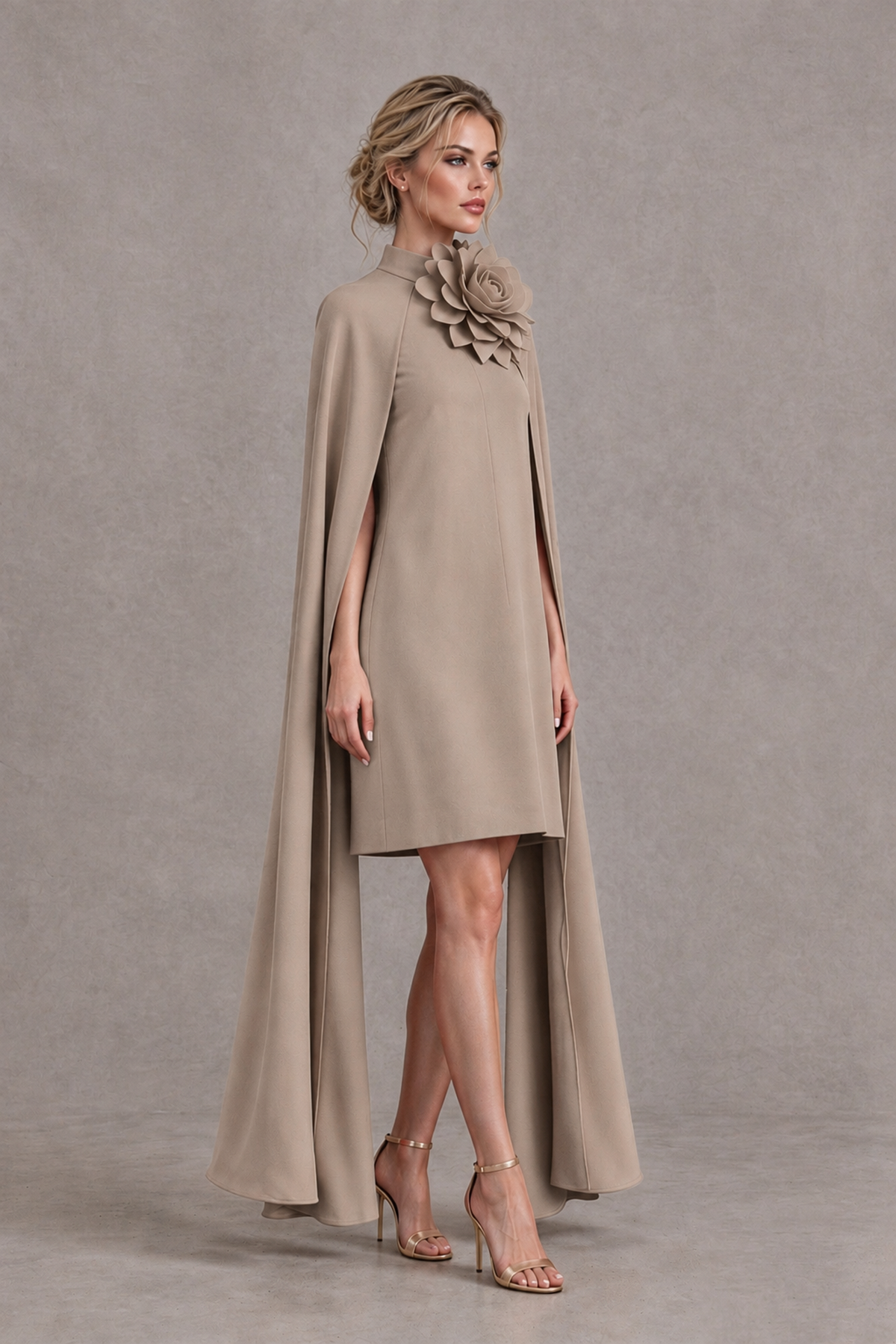 BOLODOO Taupe High Neck Floral Cape Mini Cocktail Dress - Taupe - Taupe_4