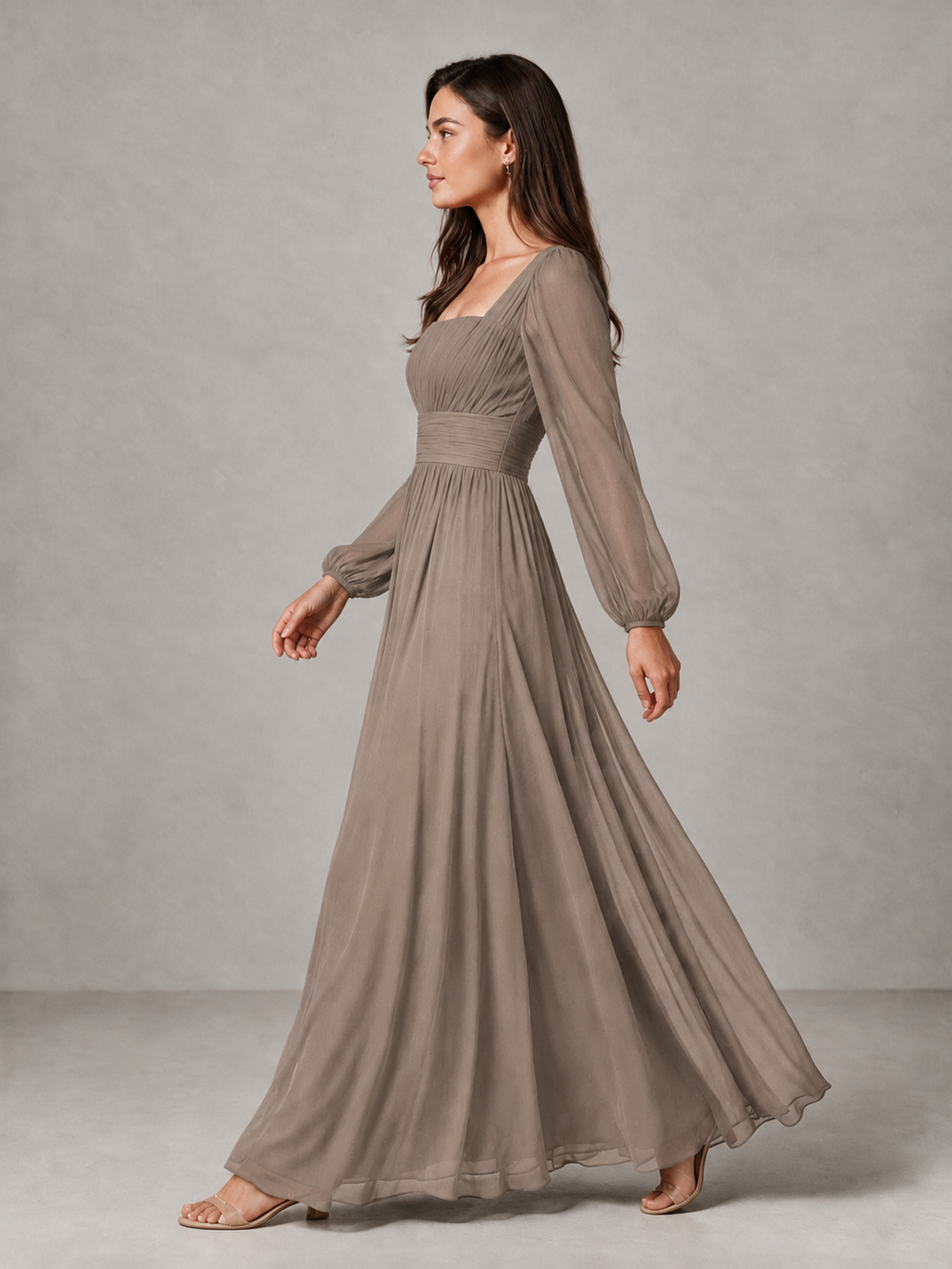BOLODOO Taupe Square Neck Long Sleeve Chiffon Bridesmaid Dress - Taupe - Taupe_4
