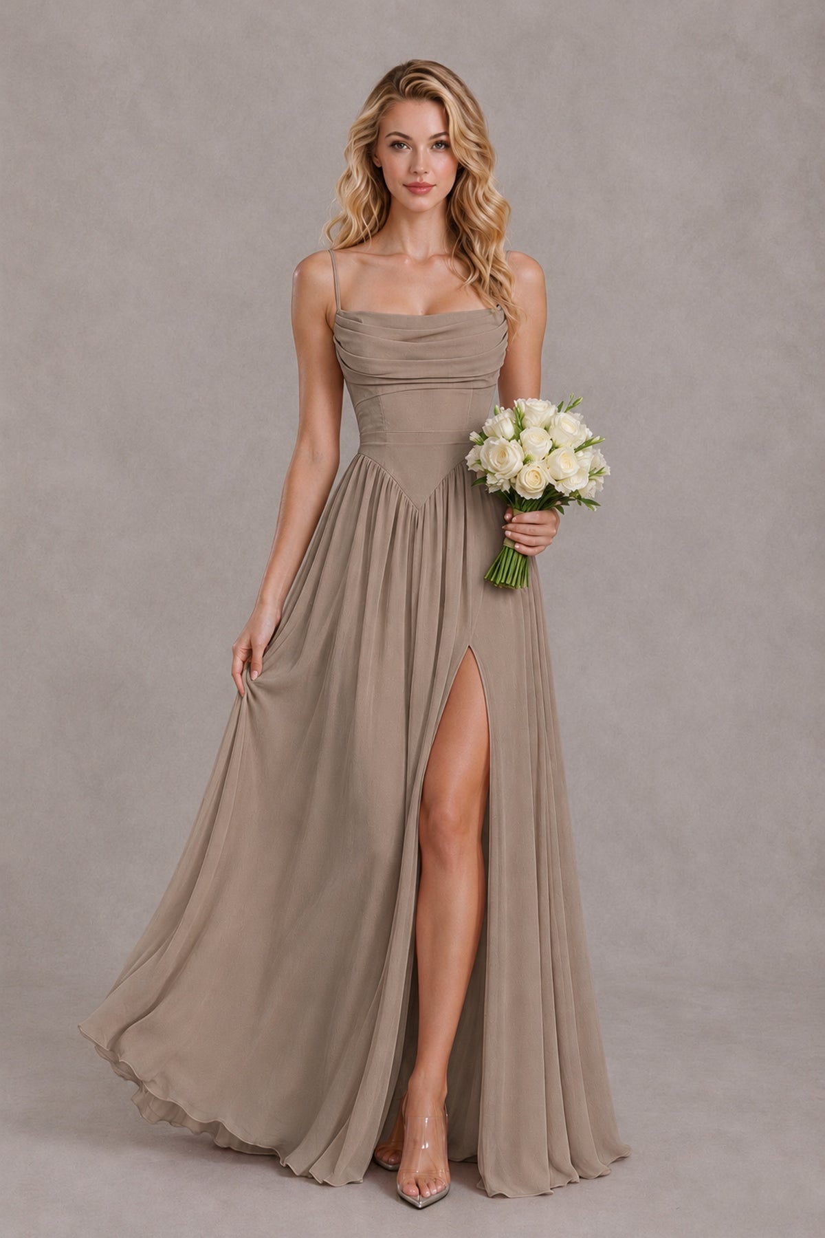 BOLODOO Taupe Spaghetti Strap A-Line Bridesmaid Dress with Slit - Taupe - Taupe_4