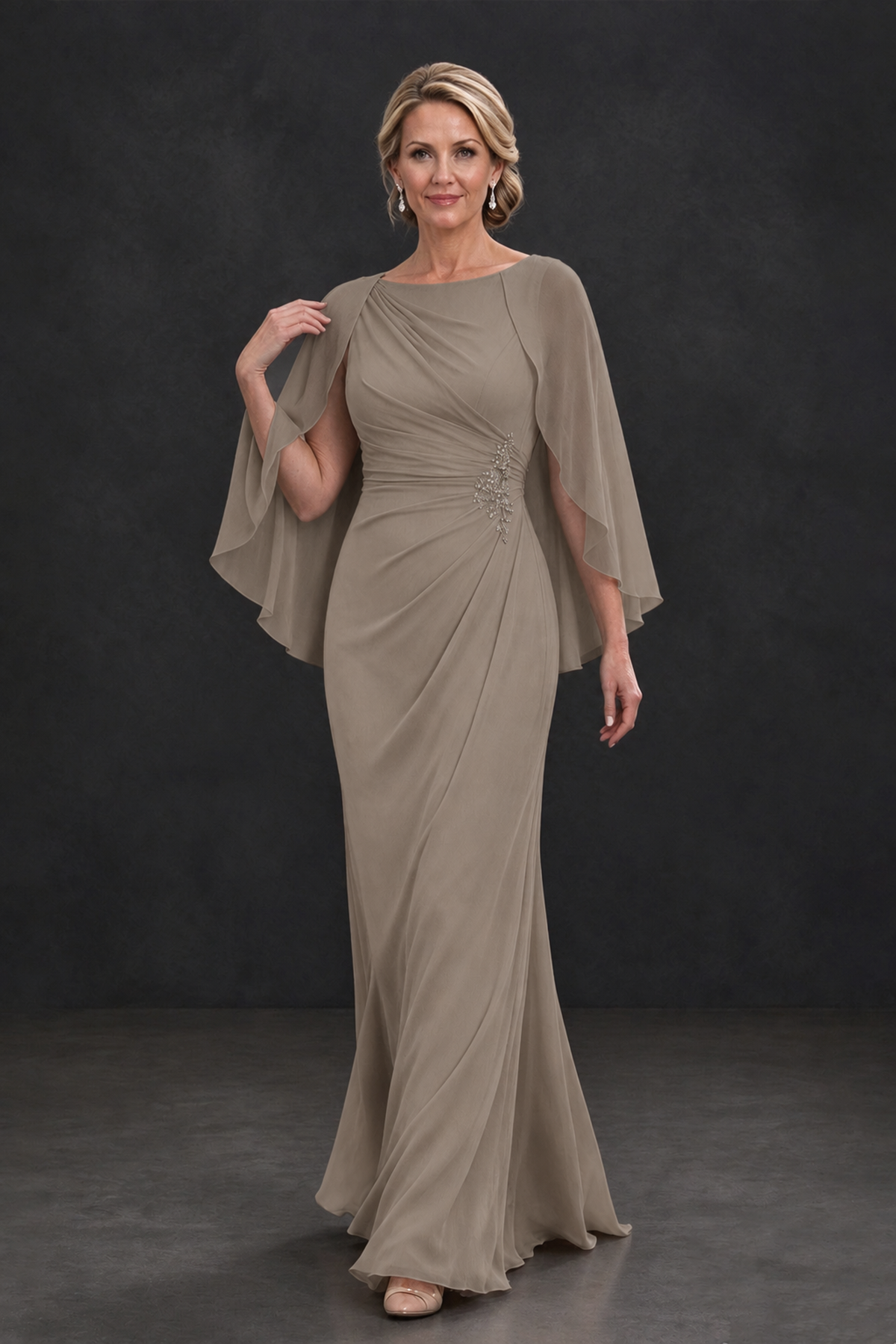 BOLODOO Taupe Cape Sleeve Mother of the Bride Dress with Ruched Waist - Taupe - Taupe_4