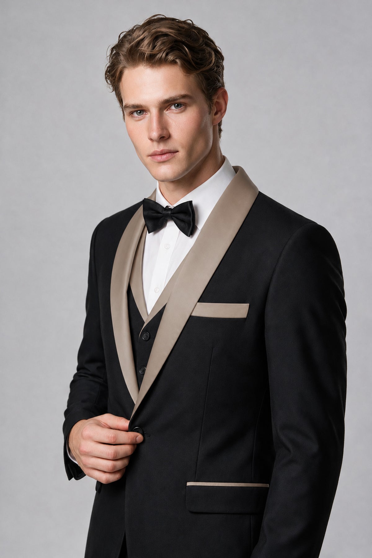 Bolodoo Men's Taupe 3-Piece Shawl Lapel Tuxedo Suit - Taupe - Taupe_4