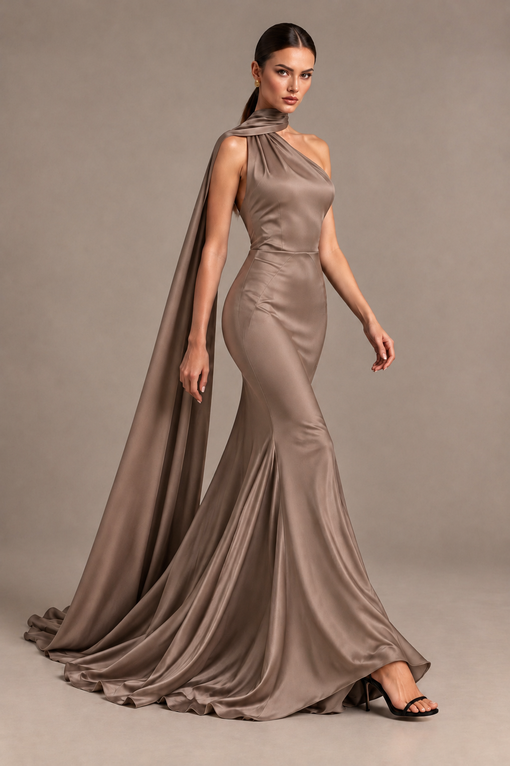 BOLODOO Taupe One-Shoulder Satin Mermaid Evening Dress with Scarf - Taupe - Taupe_4