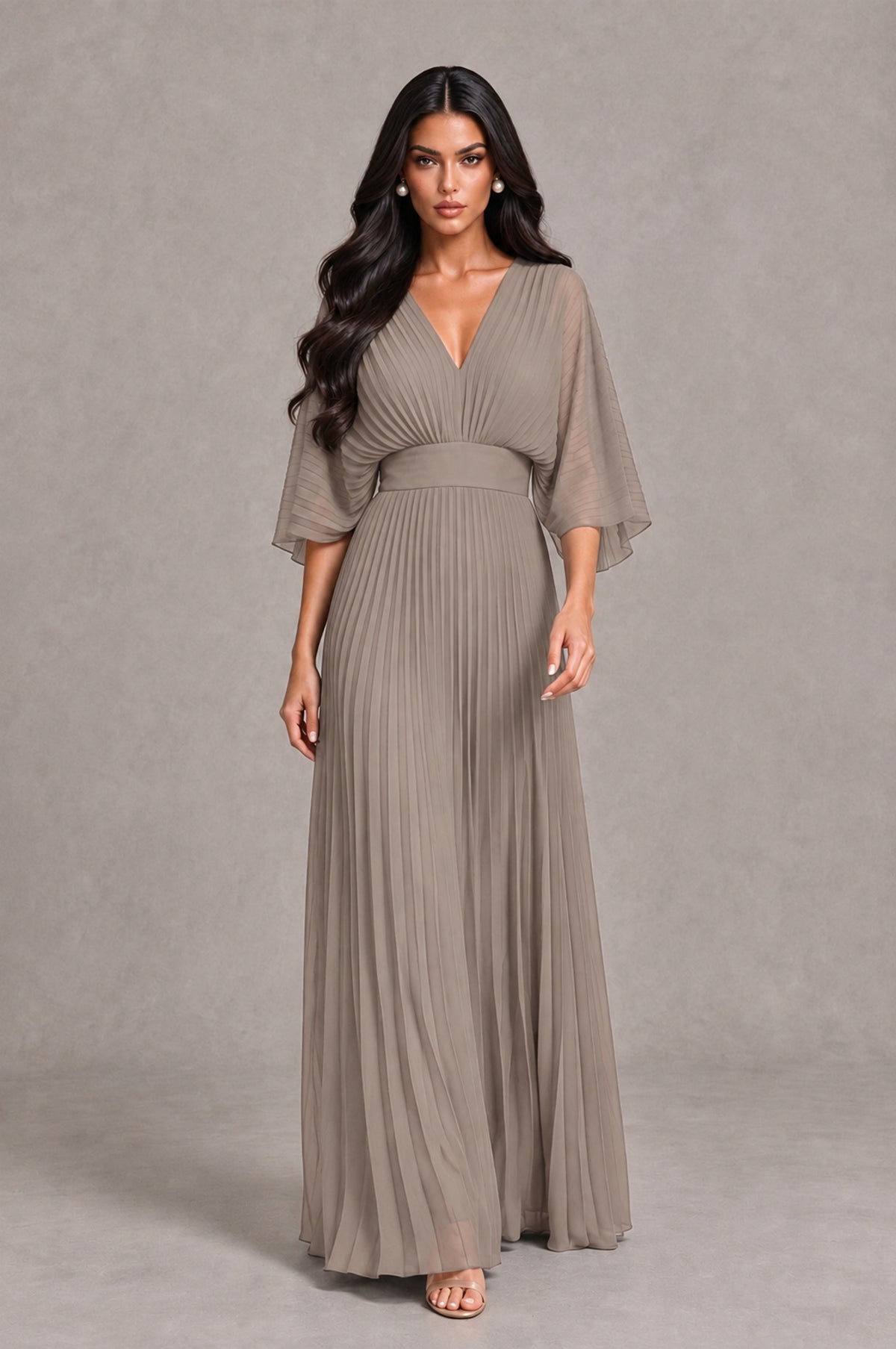 BOLODOO Taupe V-Neck Pleated Flutter Sleeve Formal Dress - Taupe - Taupe_4
