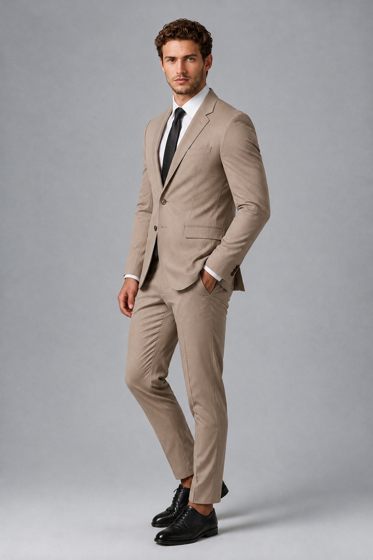 Bolodoo Men's Taupe Two-Piece Suit with Notch-Lapel Jacket & Trousers - Taupe - Taupe_4