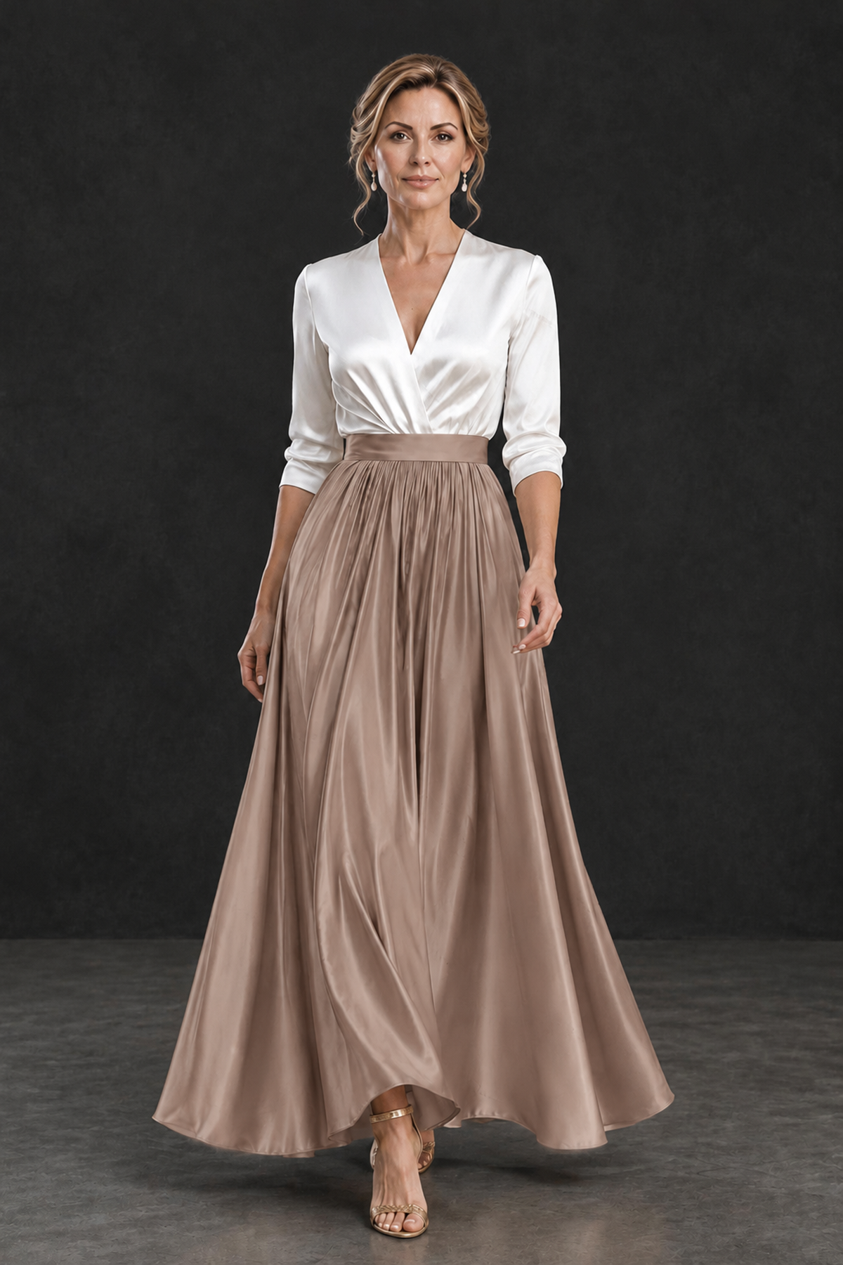 BOLODOO Taupe and White V-Neck A-Line Mother of the Bride Dress - Taupe - Taupe_4